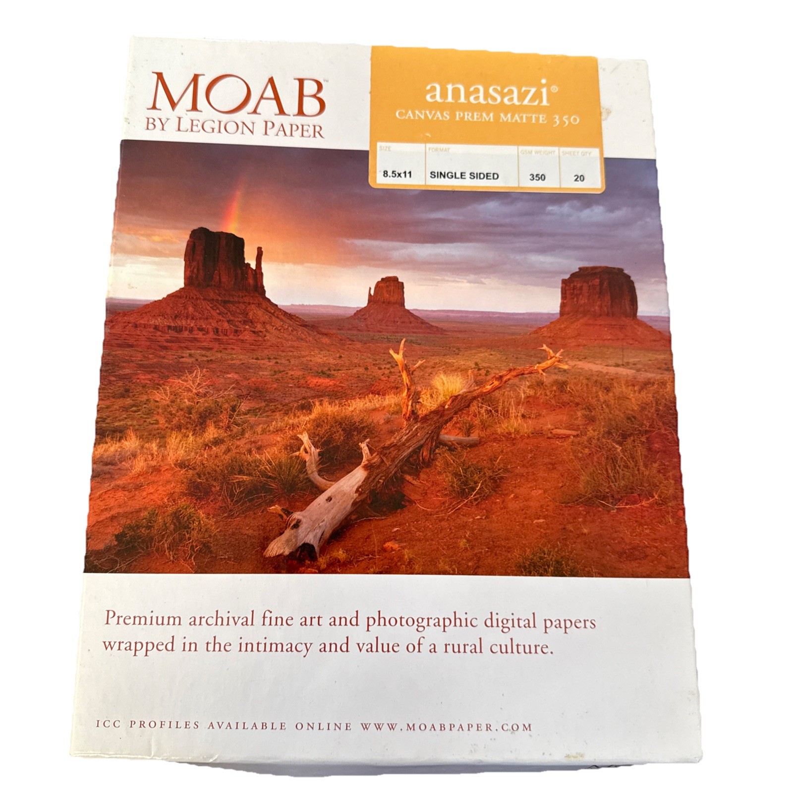 Moab ANASAZI Canvas Matte 1 Side Inkjet Paper 350 Wt 19 Sheets 8.5×11” Archival