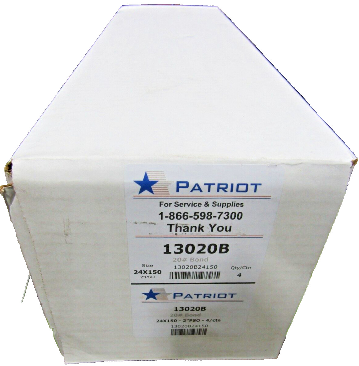 🔥4) NEW PATRIOT 20LB BOND 2″ PSO PRINTER PAPER 24″ X 150′ 4 ROLLS IN BOX 13020B