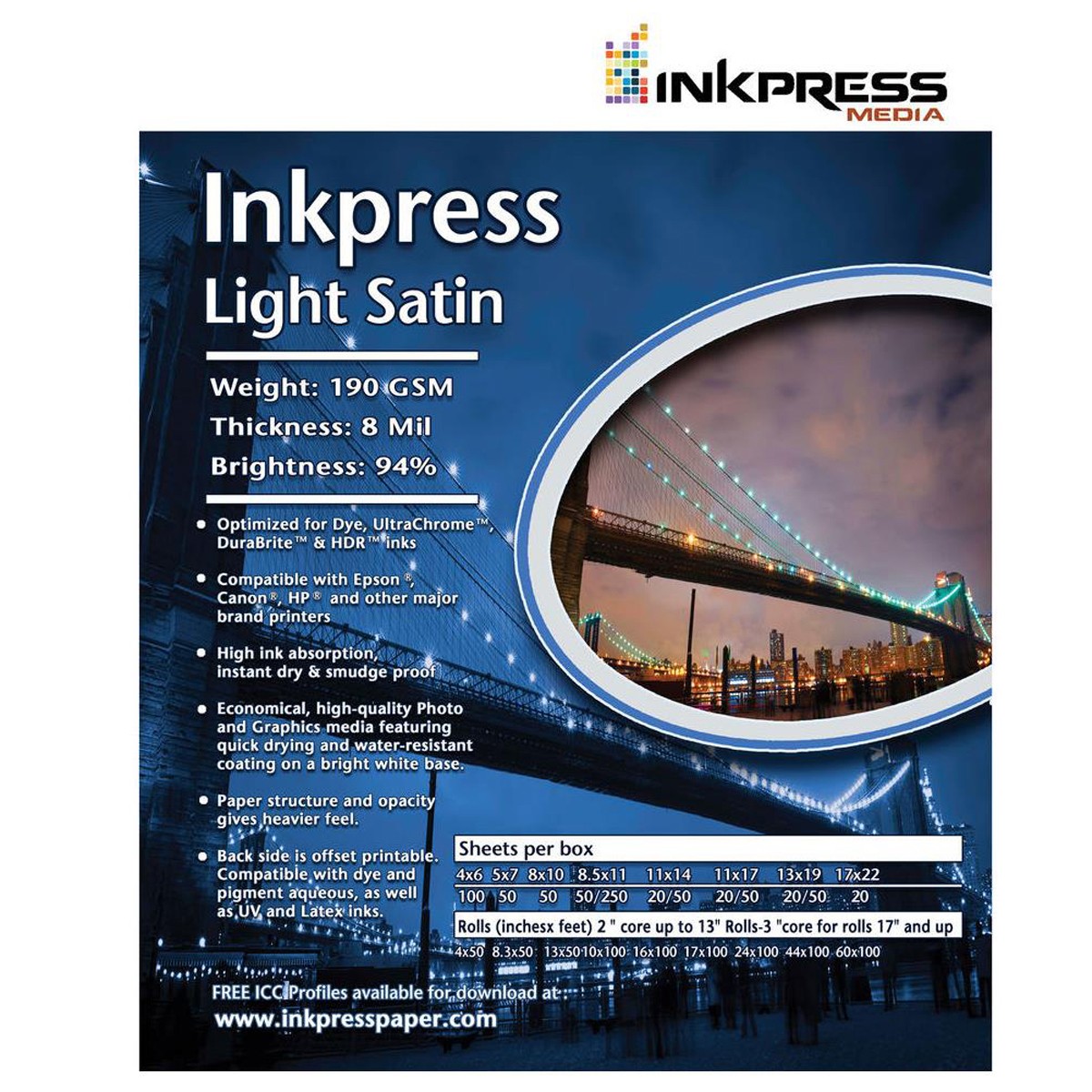Inkpress Light Satin Inkjet Photo Paper, Single Sided, 190 gsm, 8 mil, 94% Brigh