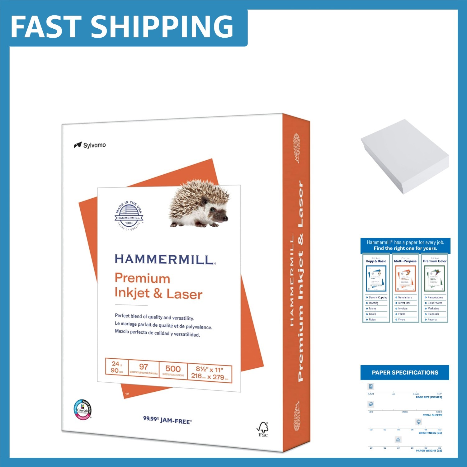 Versatile 24 lb Printer Paper, Inkjet/Laser, 500 Sheets, Bright White