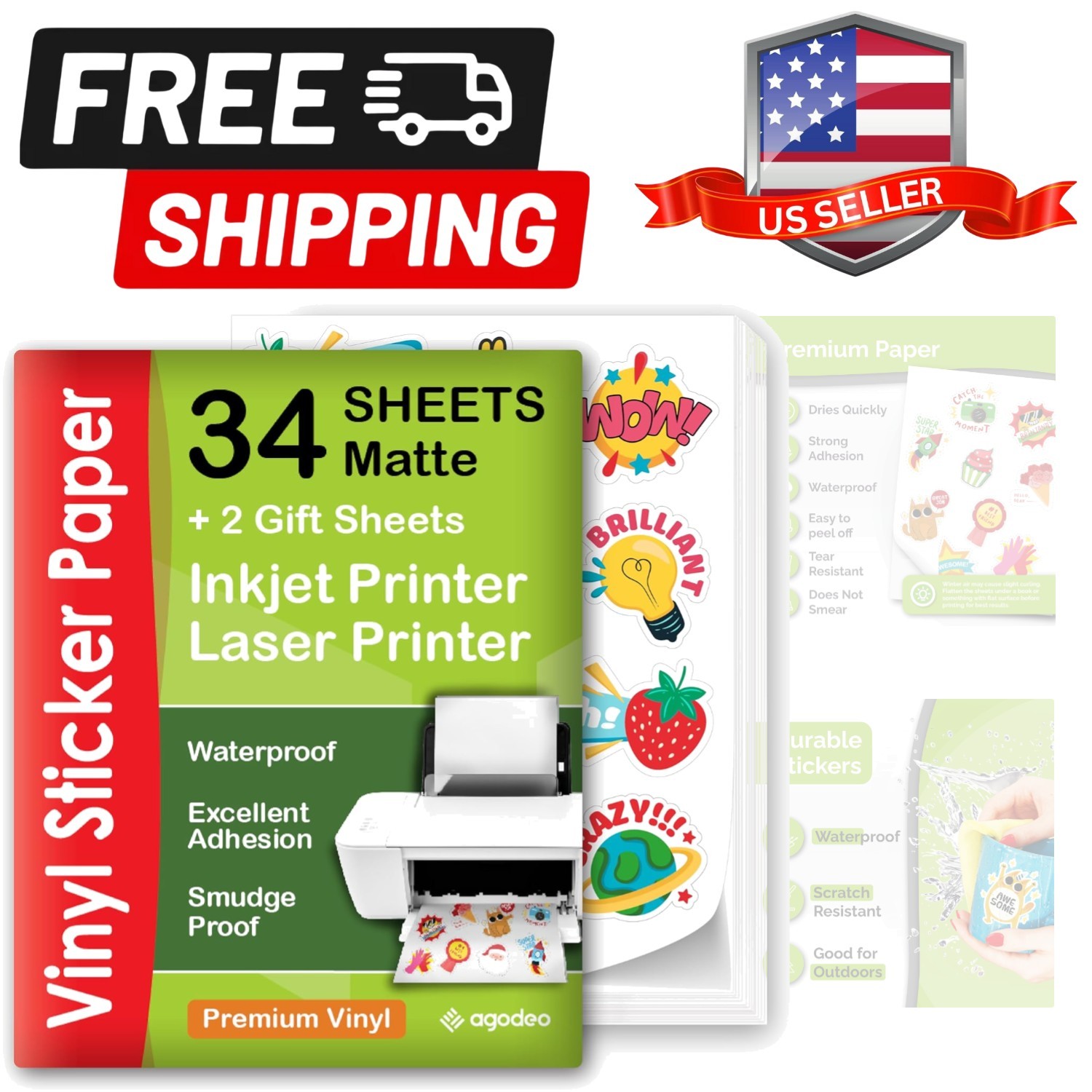 Printable Vinyl Sticker Paper for Inkjet Printer – 34 Sheets Self-Adhesive Sh…