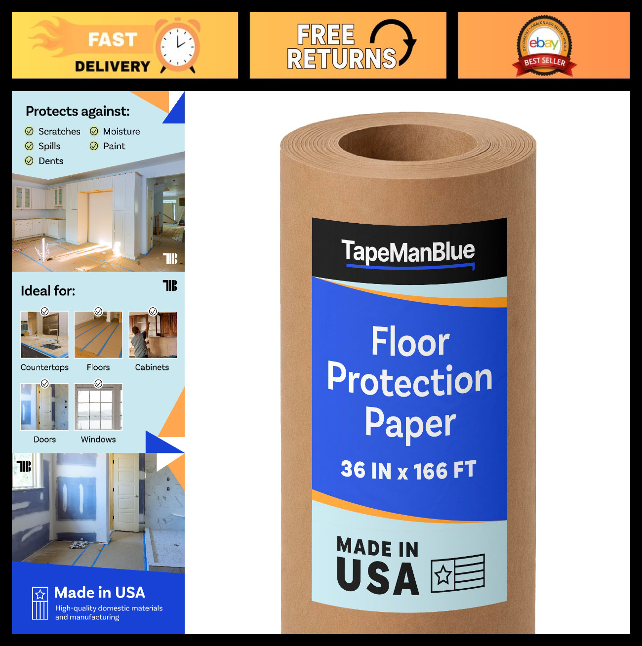Floor Protection Paper Roll 36″x166′ – Thick Brown Rosin Masking, 100% Recycled,