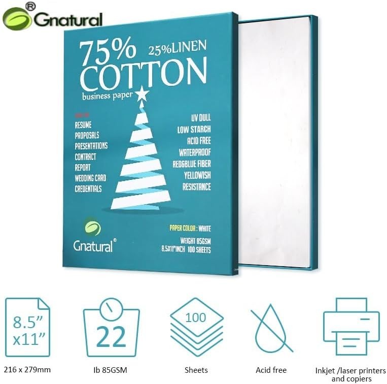 75% Cotton 25% Linen Business Paper, 85gsm 8.5”×11” Inkjet Printer Paper, Waterp