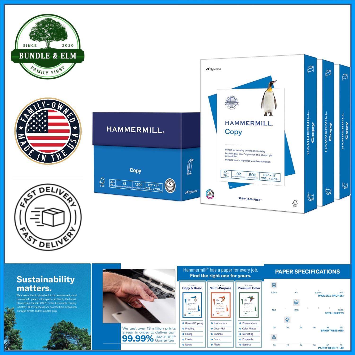 92 Bright 20 lb Copy Paper, 8.5 x 11, 1500 Sheets, Smooth for Easy Printing