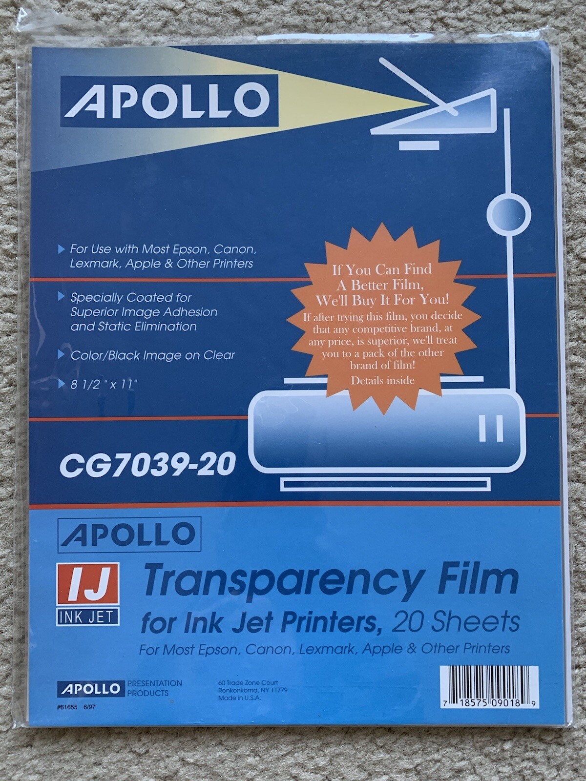 APOLLO TRANSPARENCY FILM FOR Ink Jet Printers 8.5″ X 11″ CG7039-20 Sheets