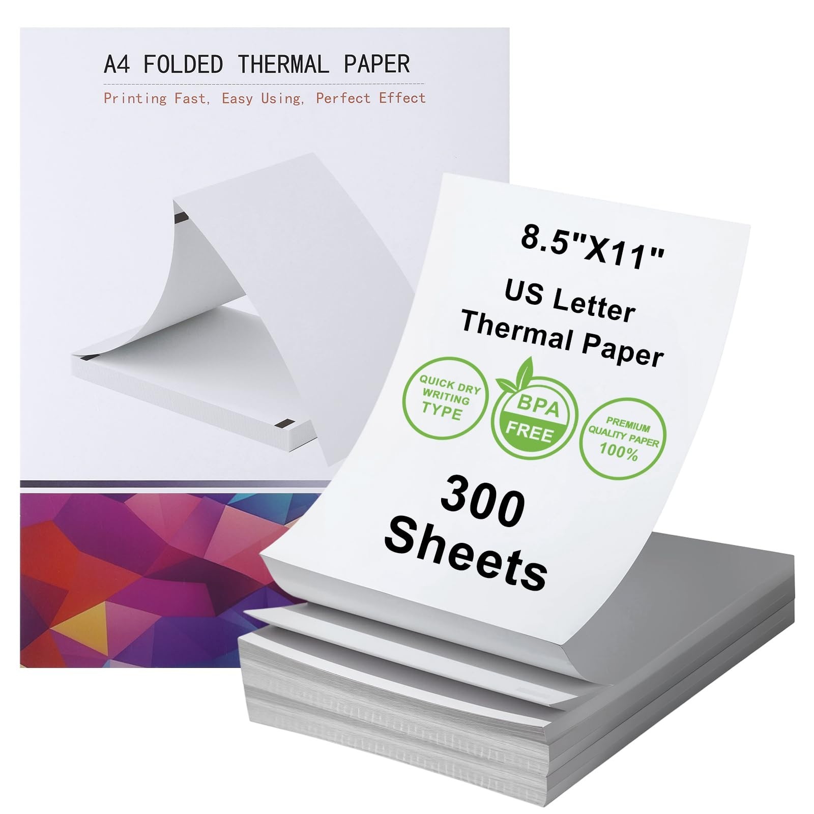 8.5×11 A4 Thermal Printer Paper – BPA-Free, Continuous Folded, 300 Sheets, Compa