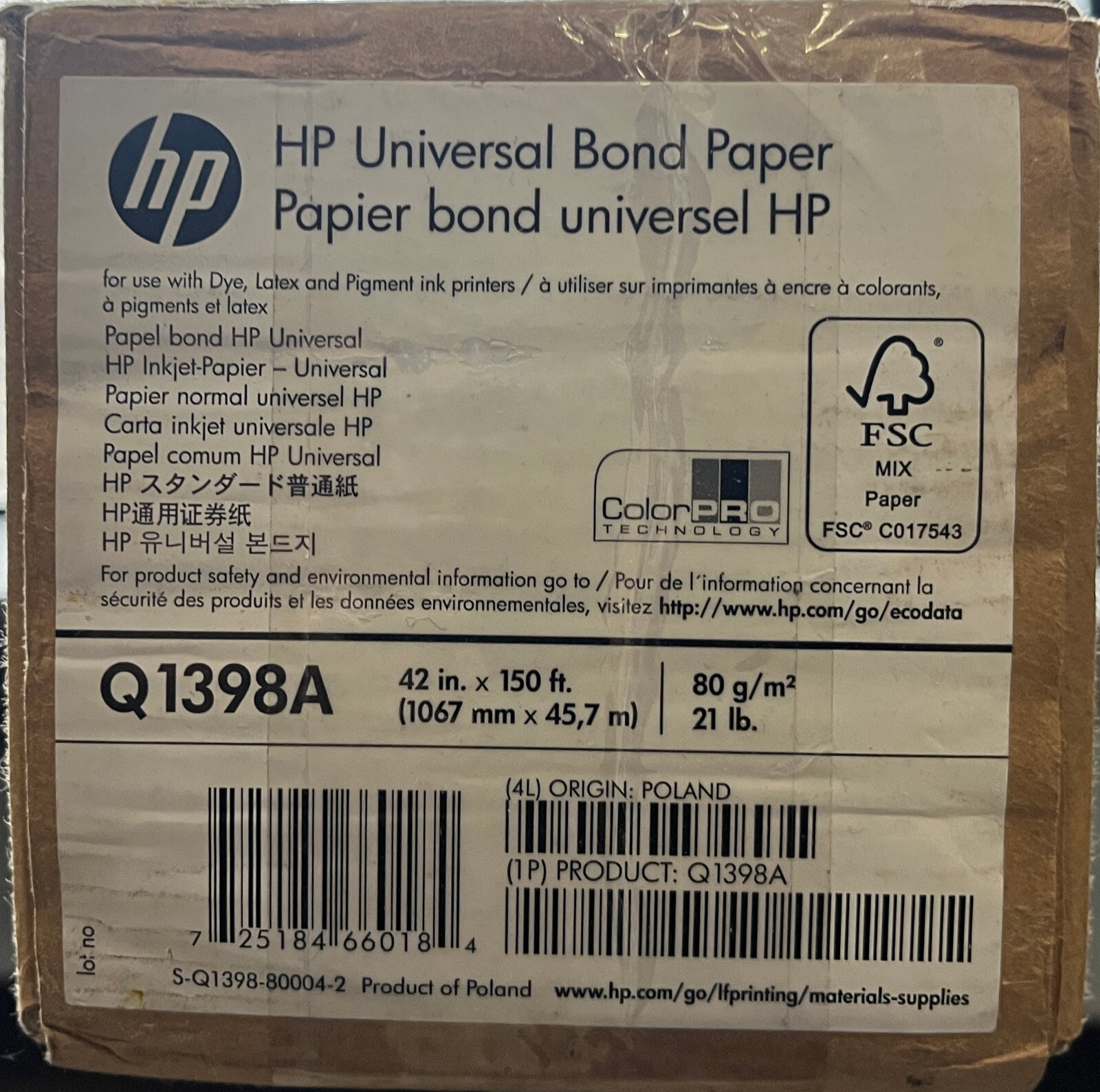 HP Q1398A UNIVERSAL MATTE PLOTTER PAPER 80gr 1067mmX45.7 mt
