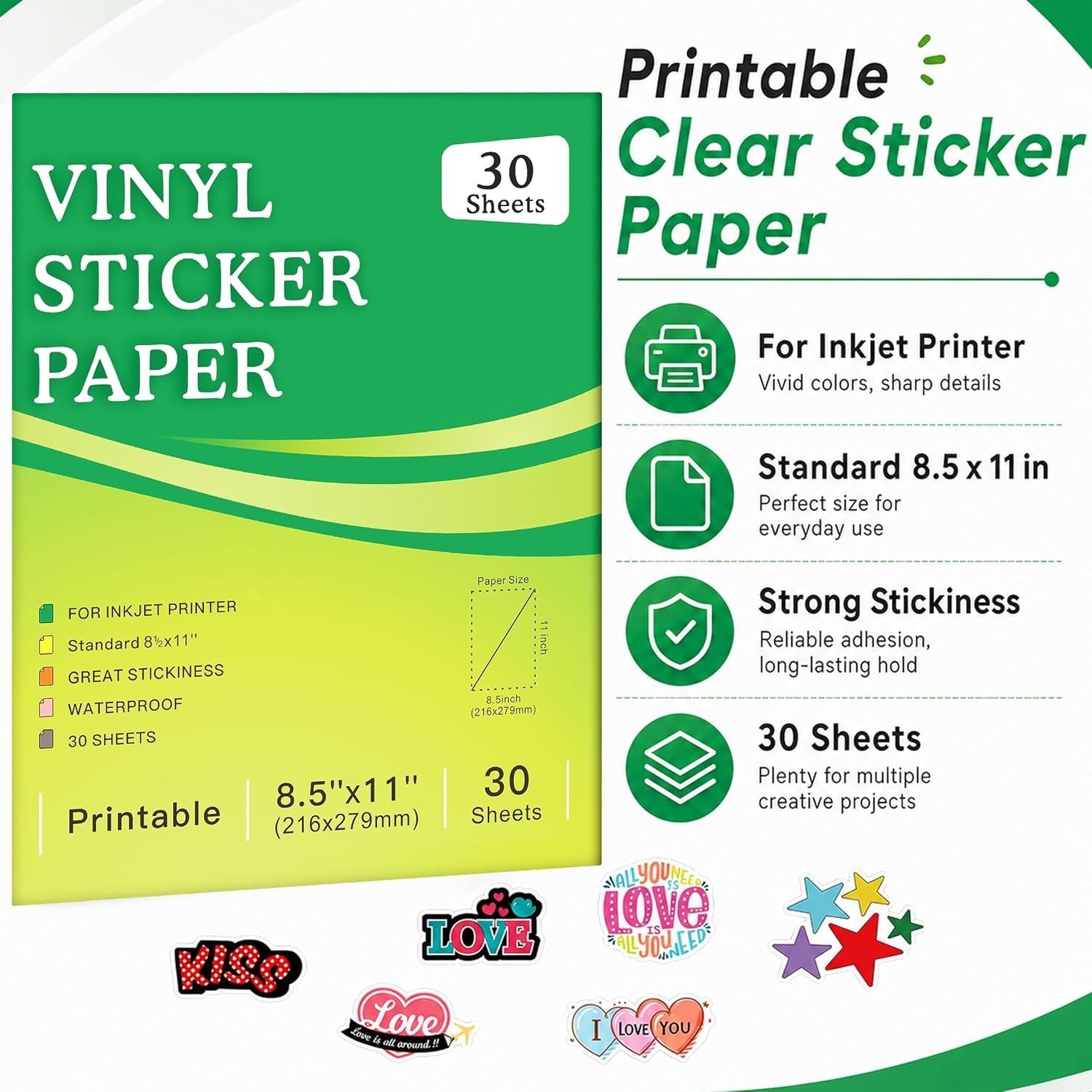 30 Sheets Printable Clear Sticker Paper for Inkjet Printer, Premium Vinyl