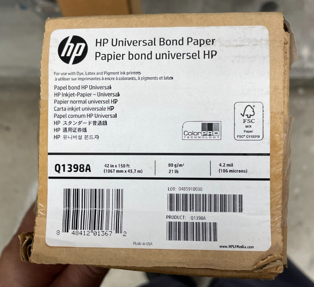 Lot of 2 HP Q1398A DesignJet Wide Format Universal Bond Roll, 42″ x 150′, 21 Lb