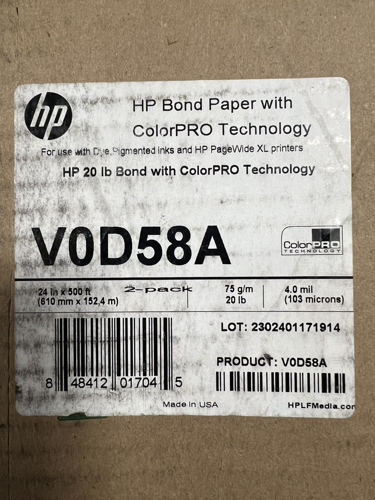 2 Pack, HP Bond paper With ColorPRO Technology V0D58A 20 IB Bond