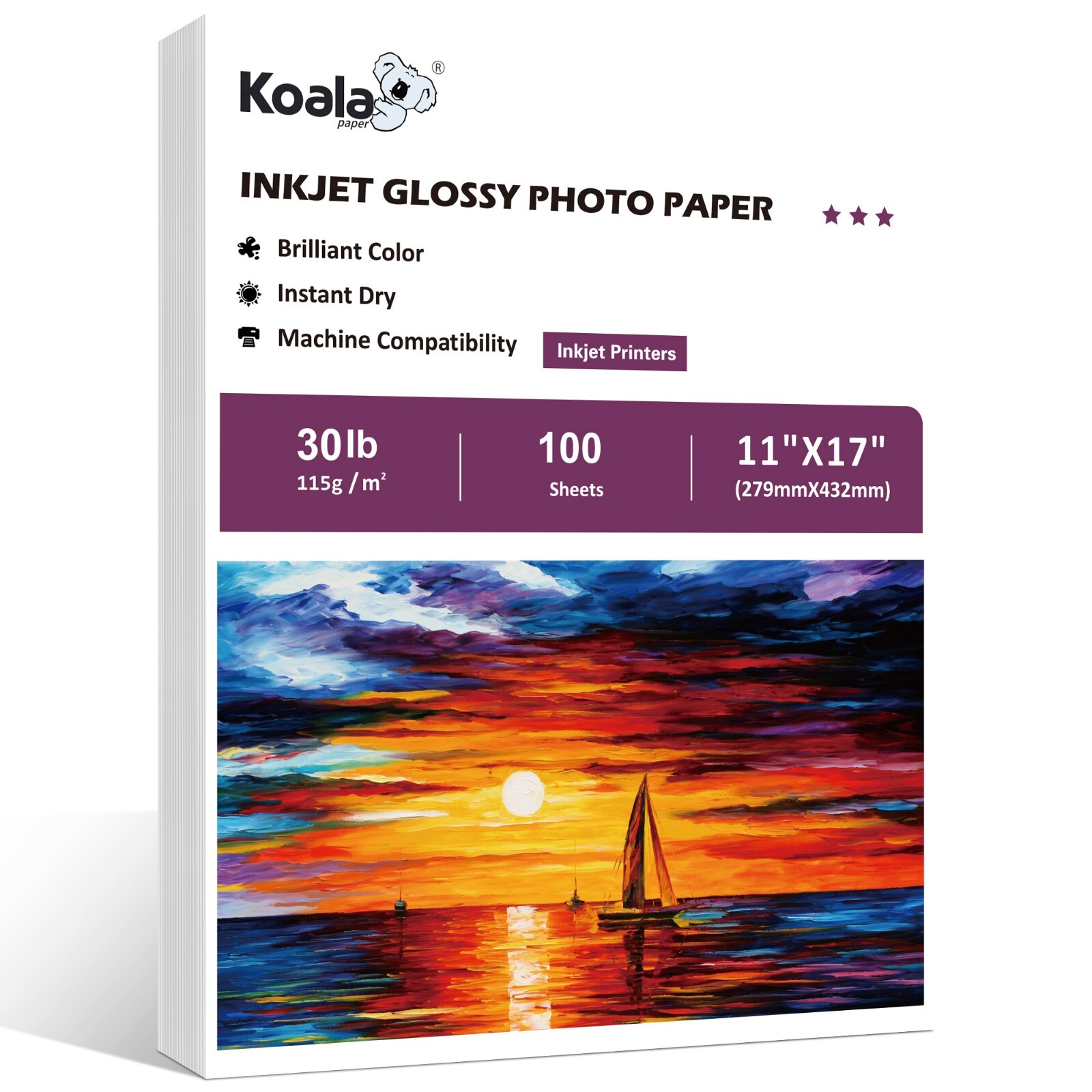 Koala Thin Photo Paper 11×17 30lb 115g Glossy Printer Paper 100 Sheets Inkjet