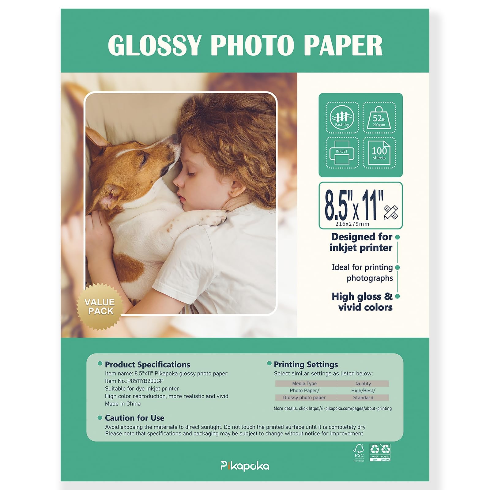 Glossy Photo Paper 8.5×11 Inch Inkjet US Letter 200GSM 100 PCS P8511YB200GP