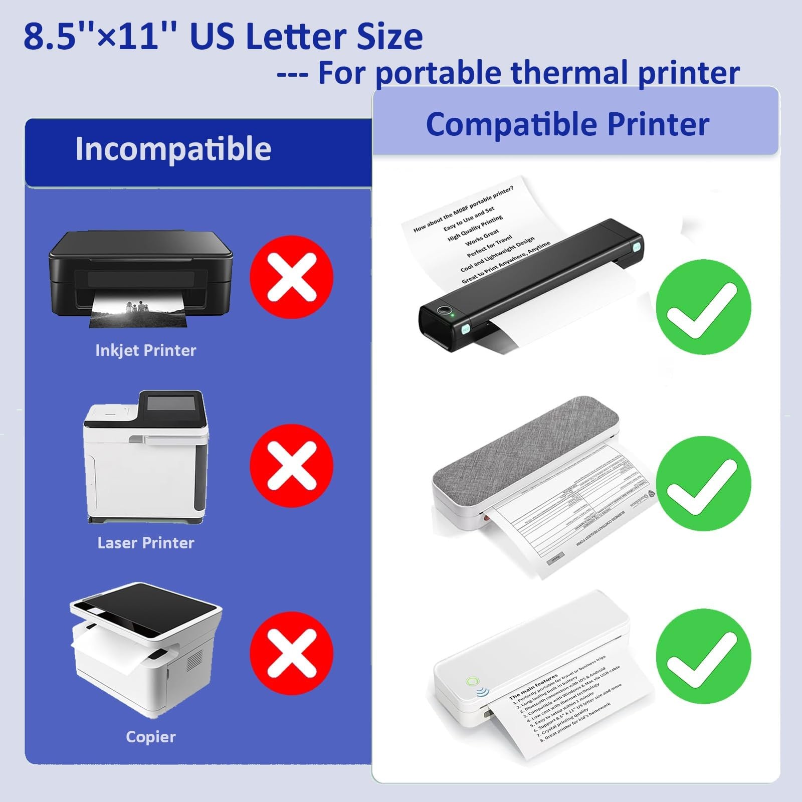100 Sheets US Letter Size Thermal Paper, 8.5 x 11 Continuous Folding, white
