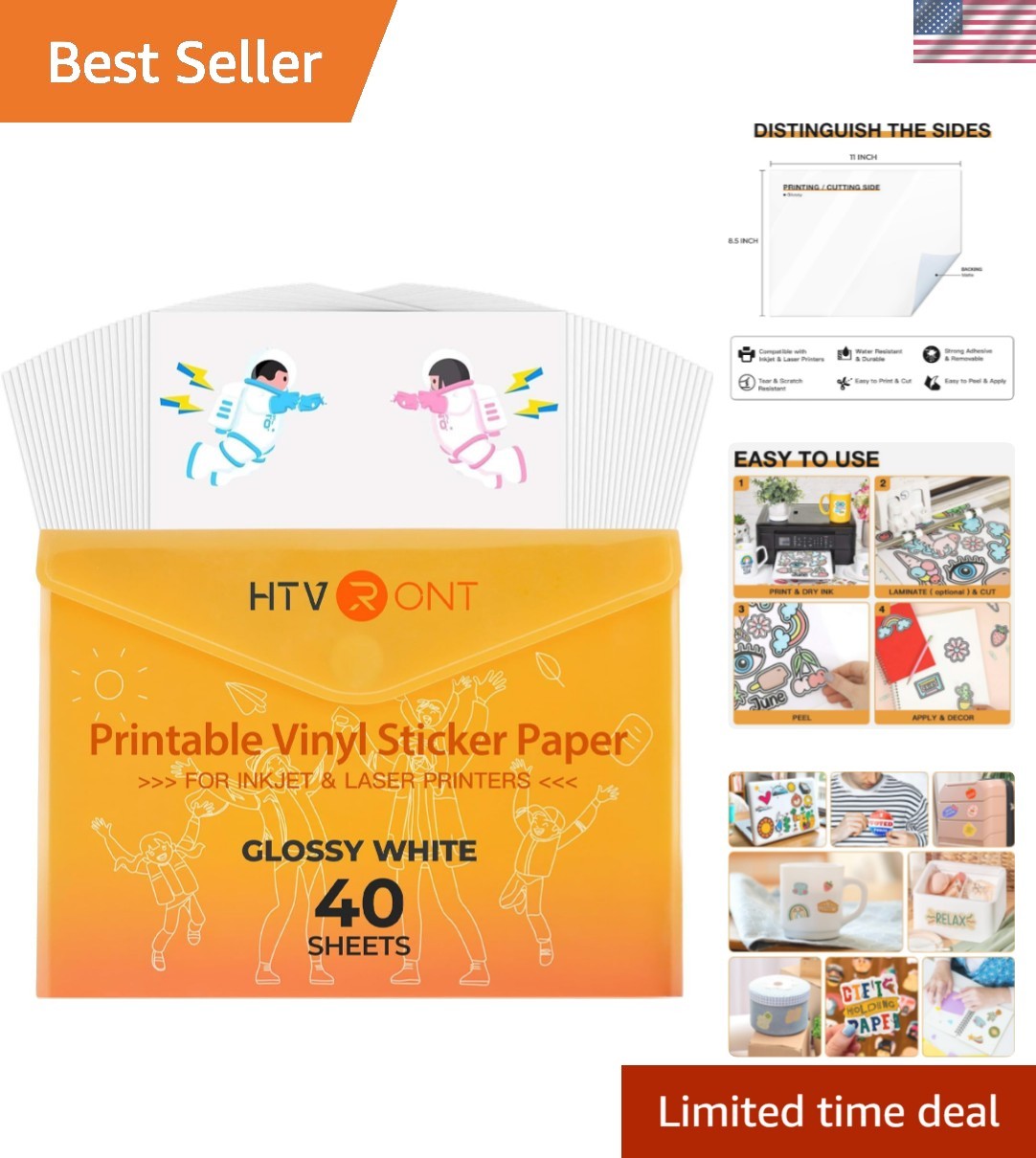 Printable Vinyl for Inkjet Printer & Laser Printer – 40 Pcs Glossy White Wate…