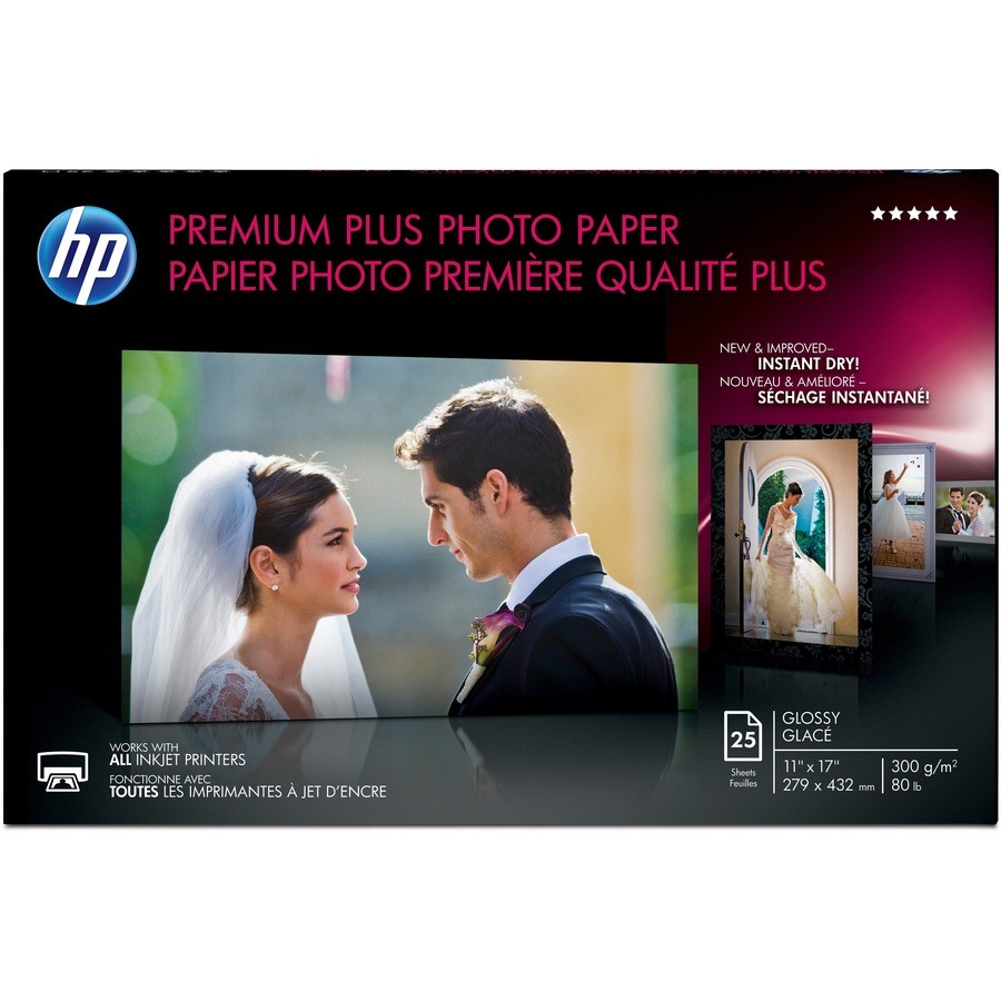 HP Premium Plus Inkjet Print Photo Paper 11″x17″ Glossy 25/Pack White Q8000A