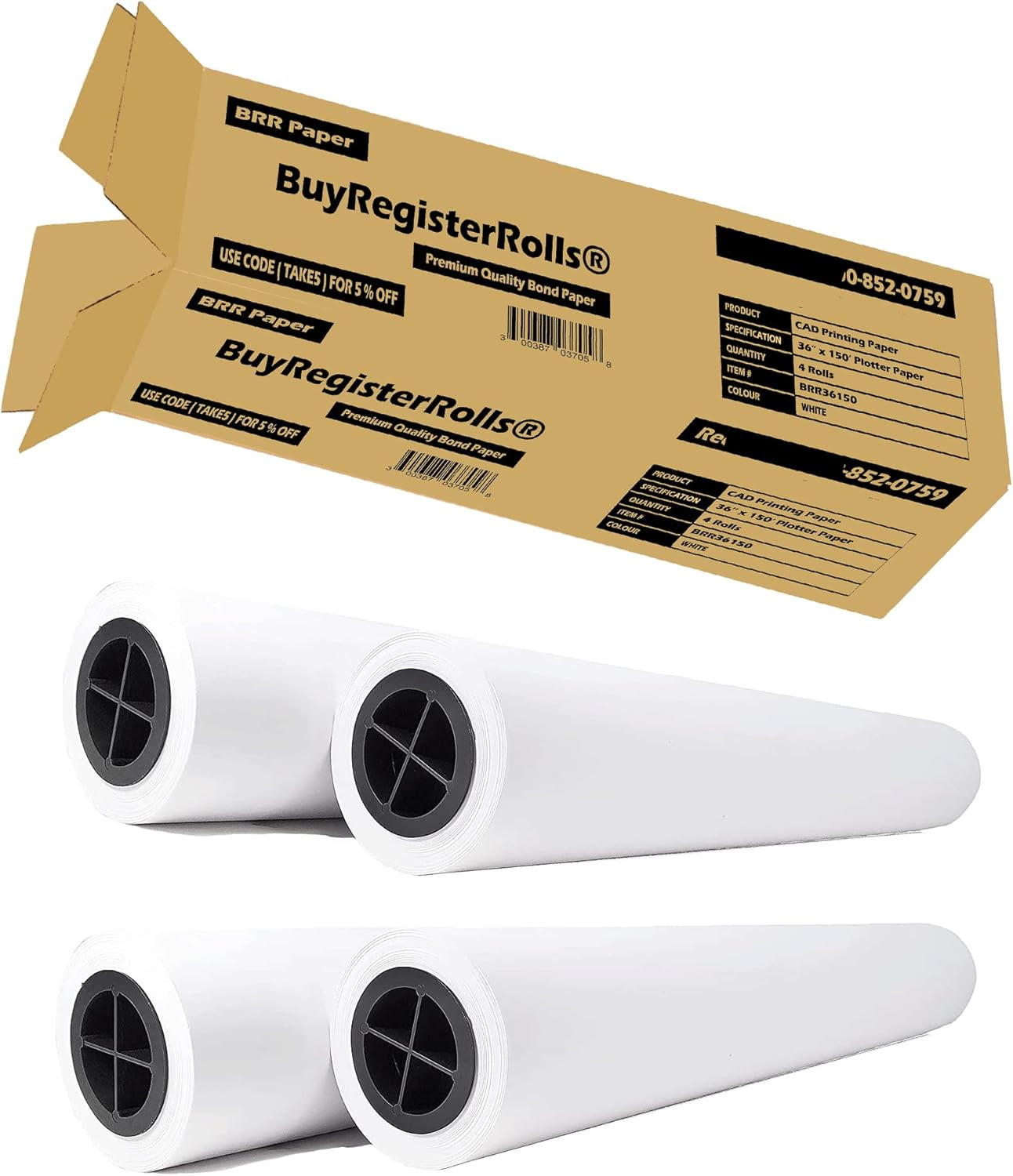 36’’ X 150’ Plotter Paper (New & Premium 4 Rolls) 20 Lb Uncoated 96 Bright White