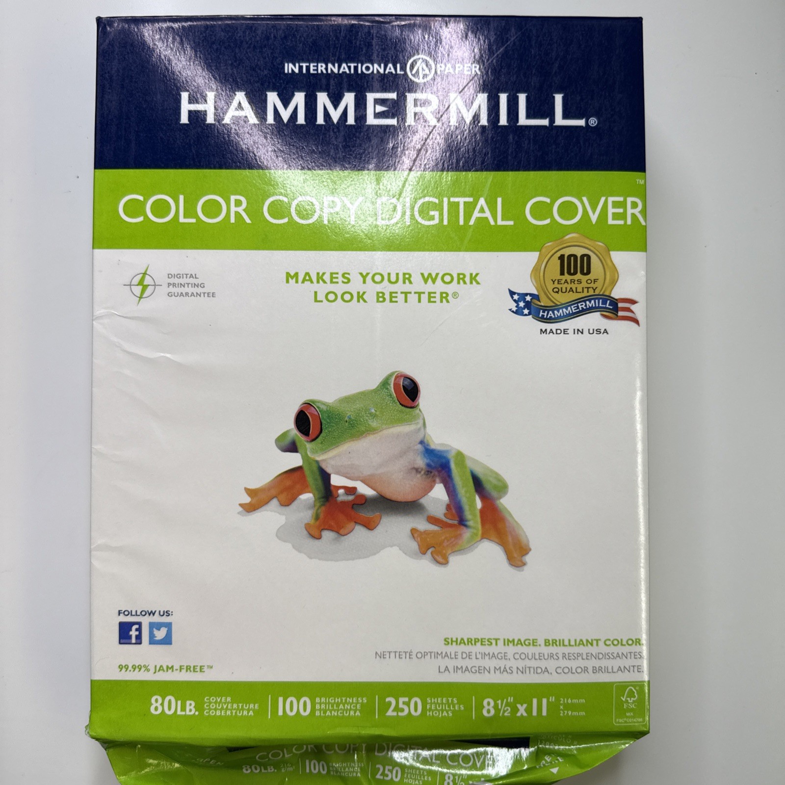 Hammermill 80lb. Cover Paper White 100 Brightness, 8.5”x11”, 250 Paper Sheets
