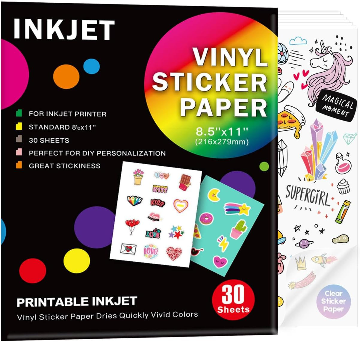 30 Sheets Premium Printable Clear Vinyl Sticker Paper for Inkjet Printers 8.5X11