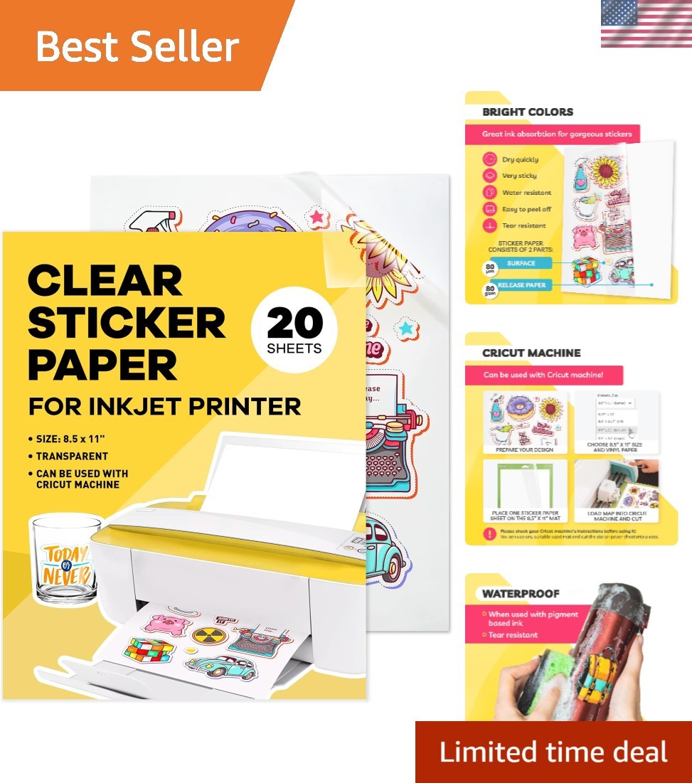 90% Clear Sticker Paper for Inkjet Printer 20 Sheets – Transparent Glossy 8.5…