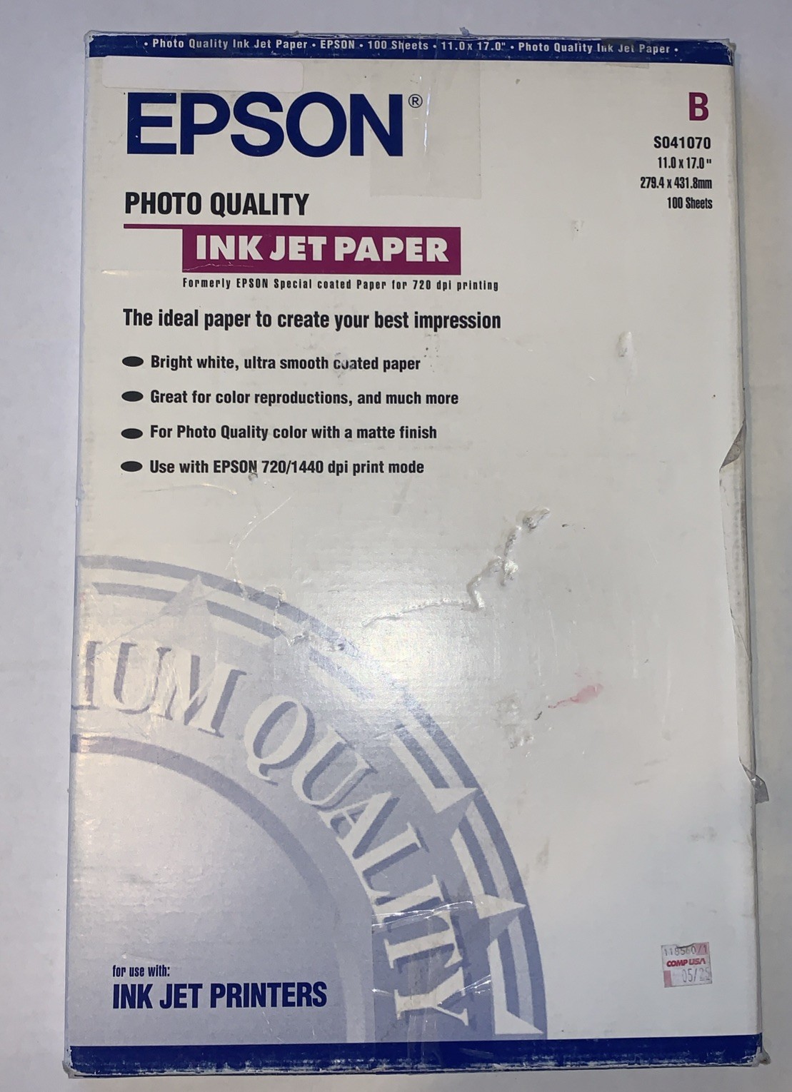 Epson Photo Quality Ink Jet Paper 11.0” X 17.0” 90 Sheets open box