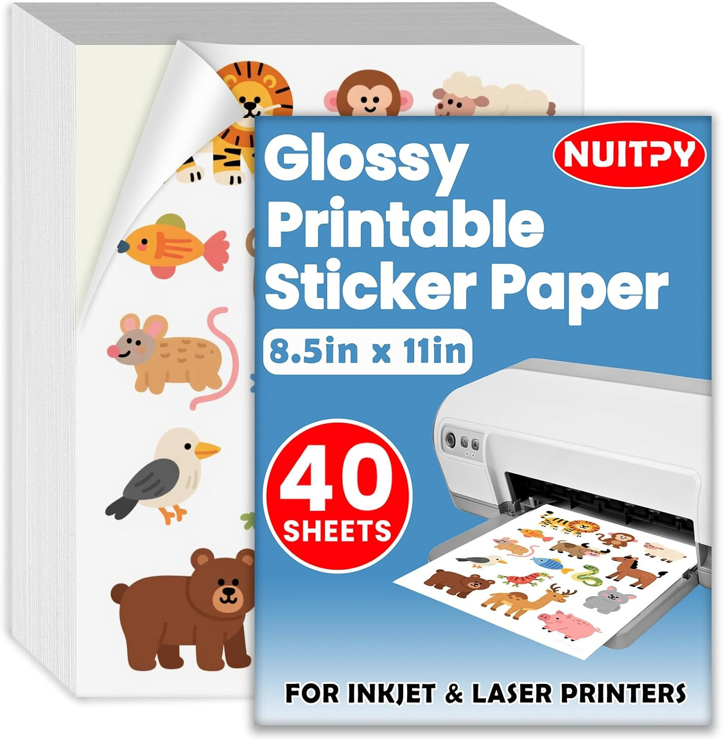 40 Sheets Glossy Sticker Paper, 8.5In X 11In Sticker Paper for Inkjet & Laser Pr