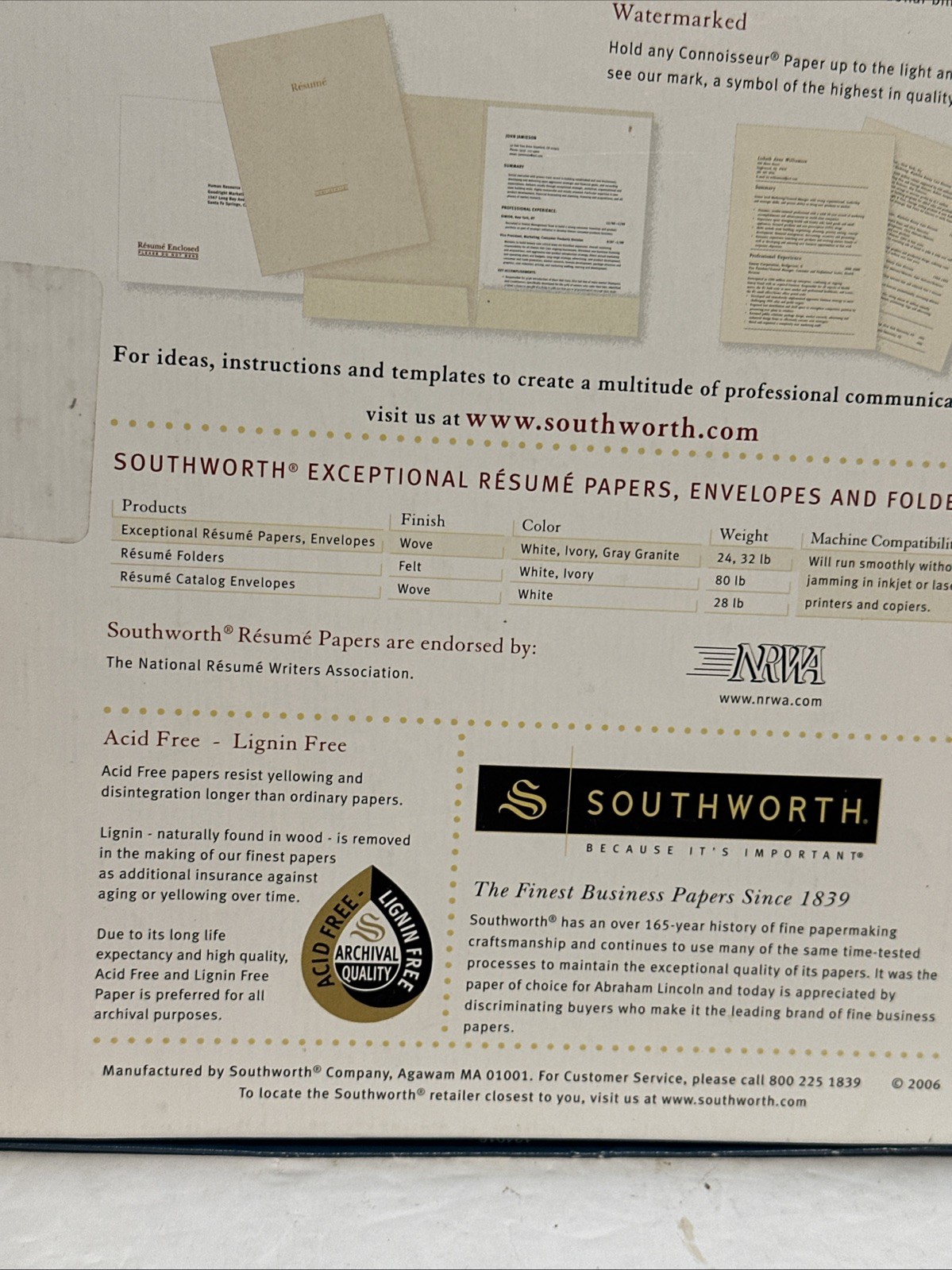 Southworth 100% Cotton Resume Paper Ivory 24 lbs. 8-1/2 x 11 Wove 100/Box R14ICF