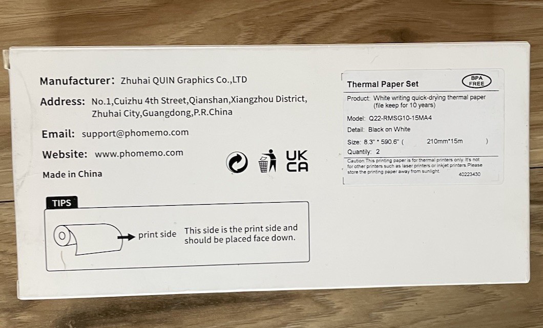 Thermal Paper Set – White, Quick‑Drying Model: Q22‑RMSG10‑15MA4, 8.3″ × 59″
