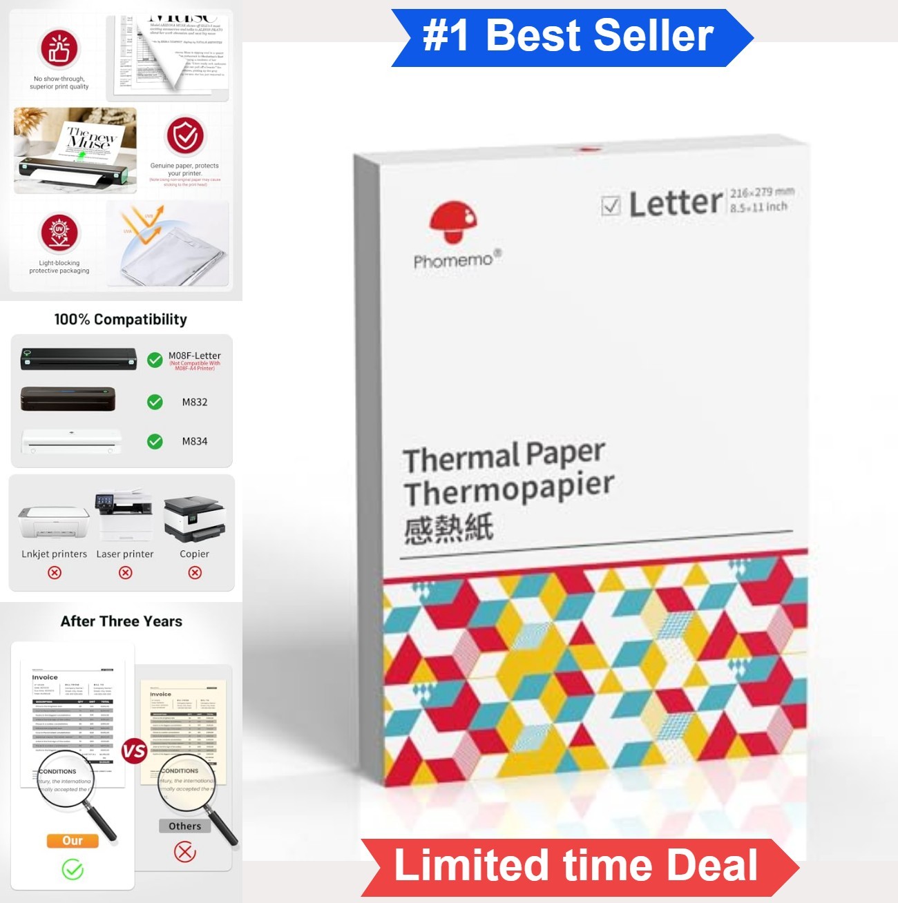 Thermal Printer Paper 8.5×11 US Letter 100 Sheets Inkless No BPA Portable Office