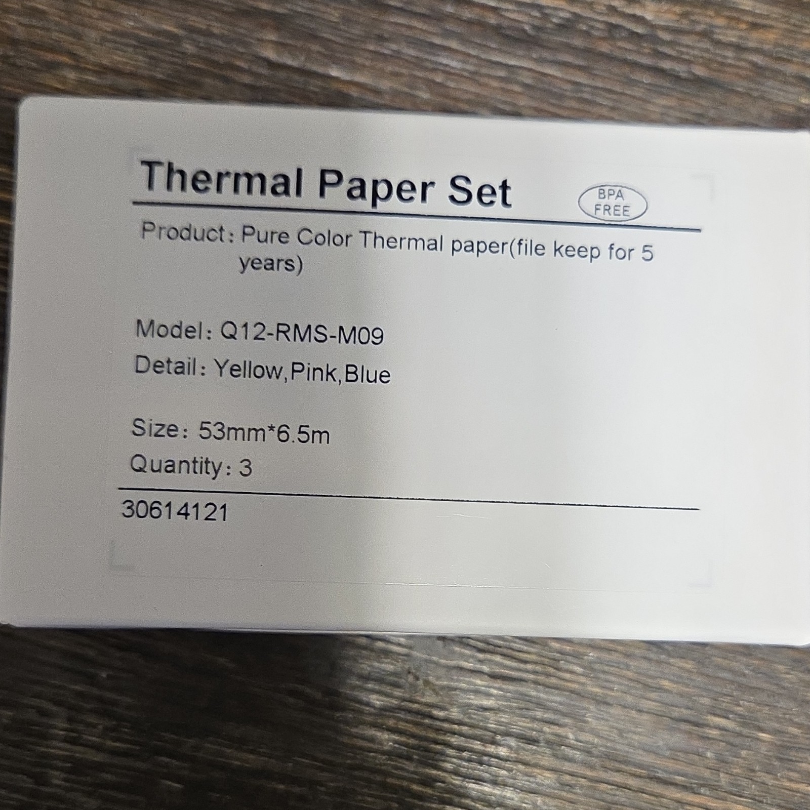 Thermal Paper Set Q12-RMS-M09 53mm x 6.5m Yellow Pink Blue 3 Rolls