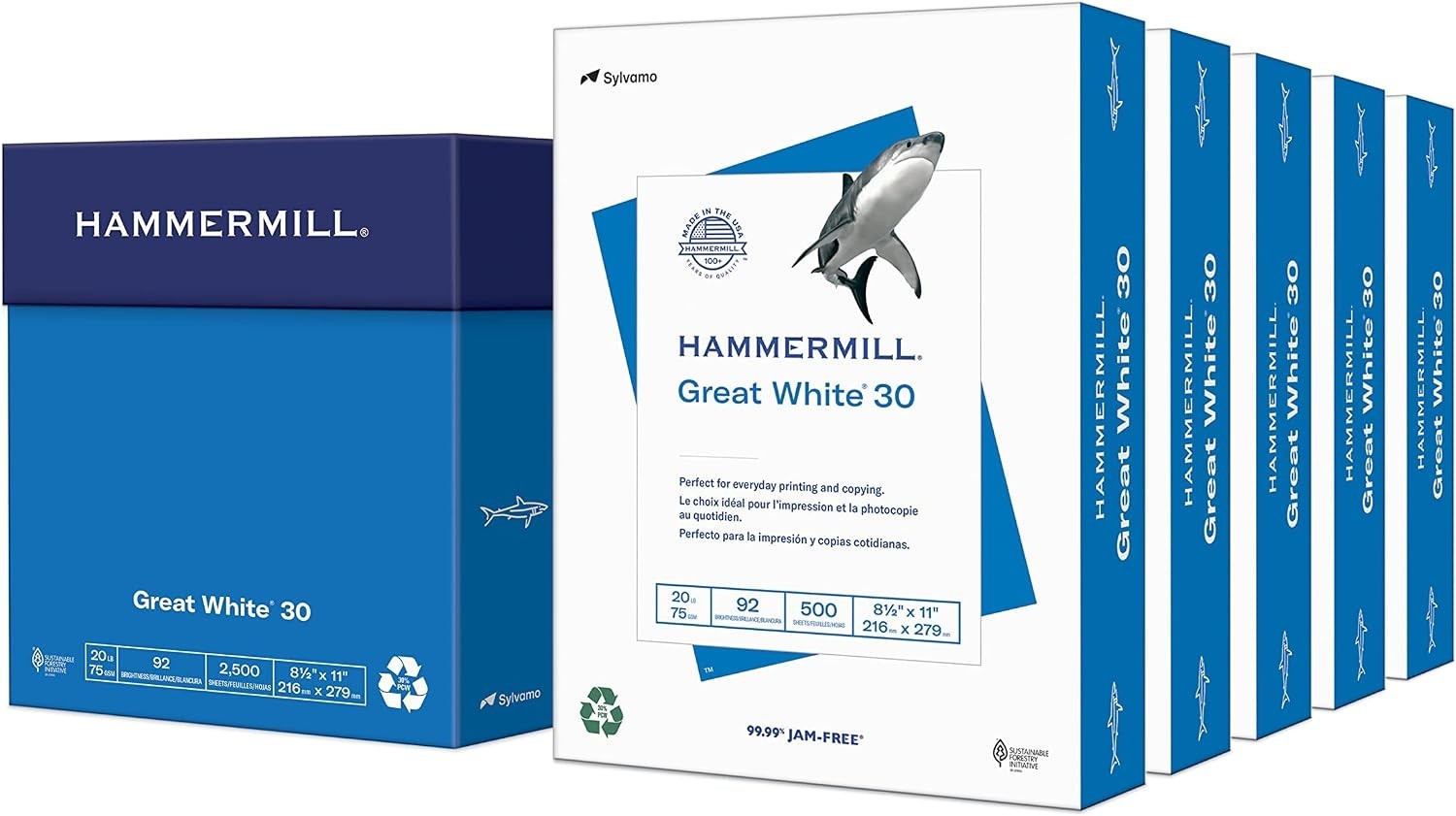 500 Sheets x 5 Reams of Great White 30% Recycled Paper – Jam-Free, Glossy Finish