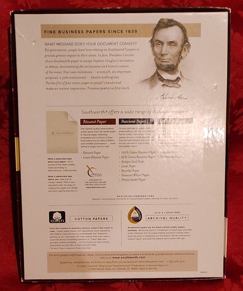 Southworth 100% Cotton Résumé Paper Ivory 24 lb 8.5″ x 11″ 60 Sheets Watermarked