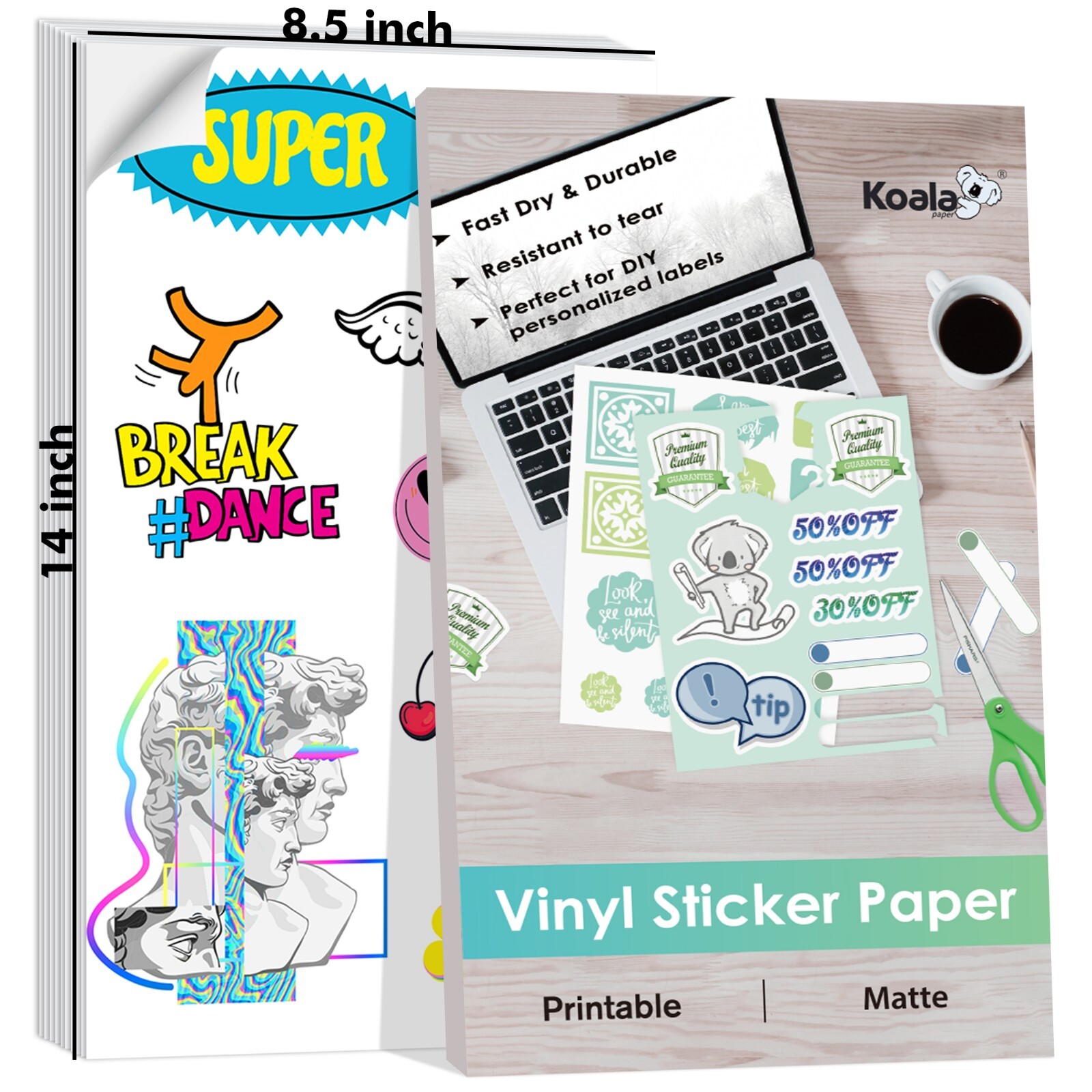 Lot KOALA Printable Vinyl Sticker Paper 8.5×14 Waterproof Matte Inkjet Laser