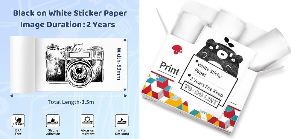Papel adhesivo blanco para impresora M02X/T02 2 años adhesivo negro sobre blanco