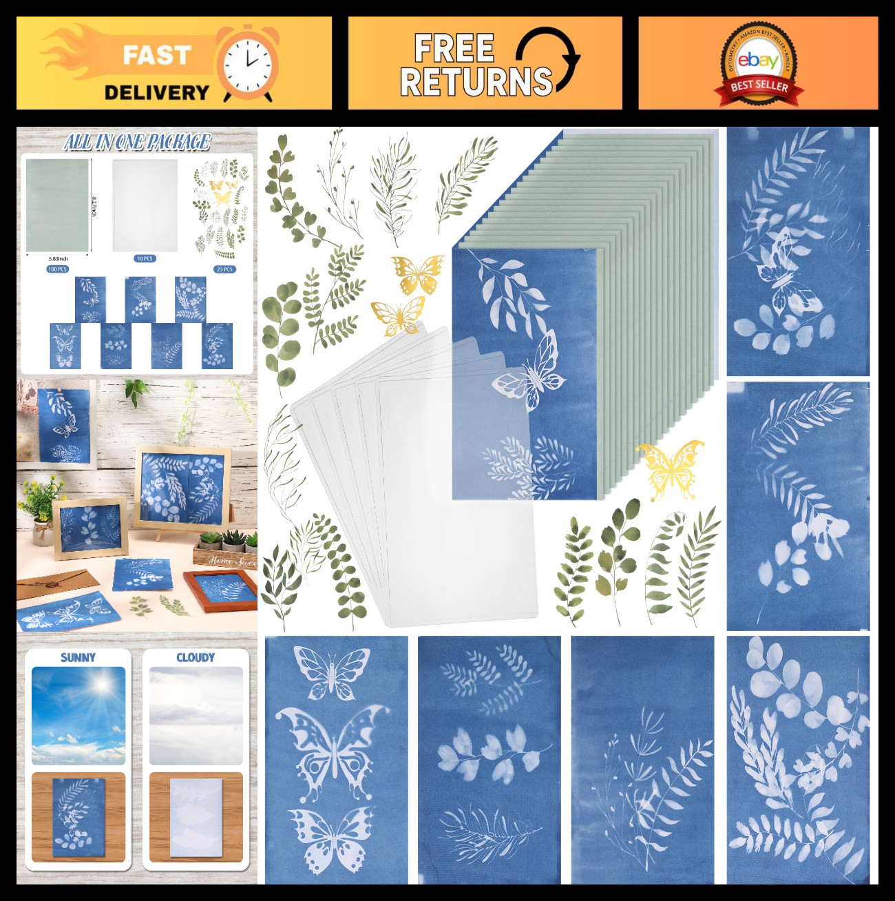 100 Pcs Cyanotype Sun Print Paper Kit with Templates & Plastic Sheets for DIY Cr