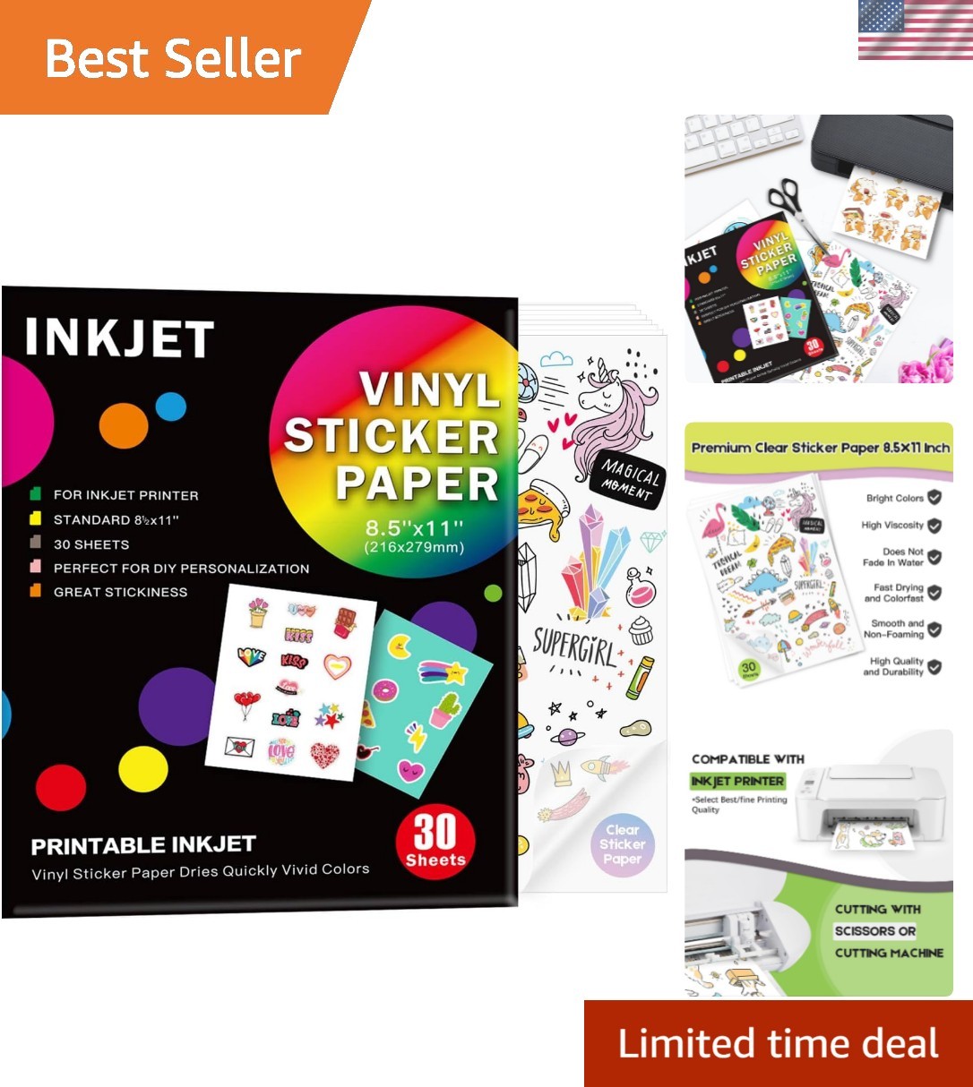 30 Sheets Printable Clear Vinyl Sticker Paper for Inkjet Printers 8.5×11 Inc…