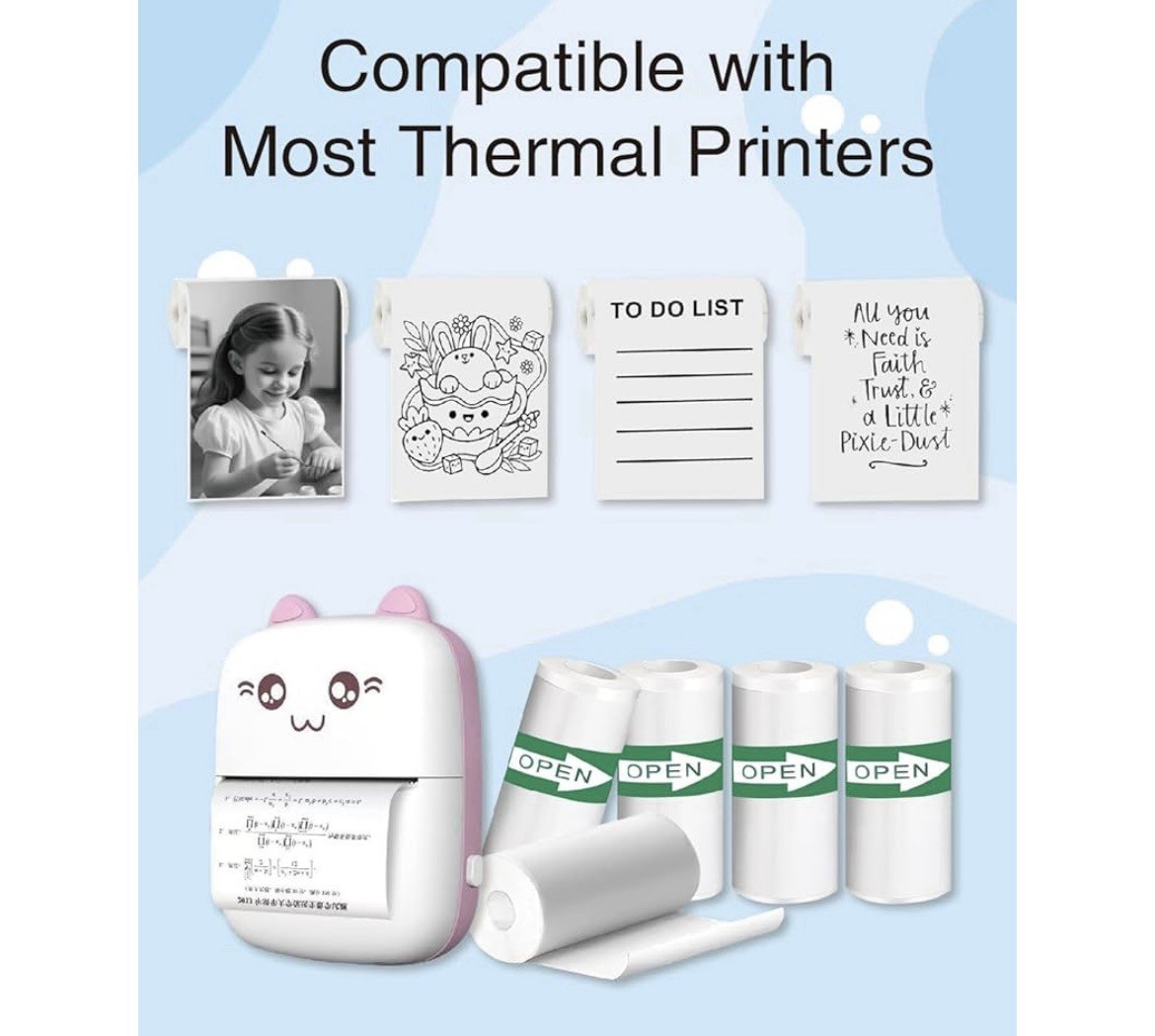 5 Rolls Self Adhesive Thermal Paper For Mini Portable Printers, 57x25mm White