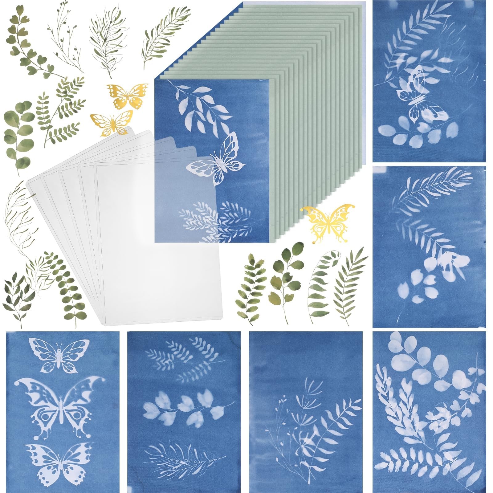 100 Pcs Cyanotype Sun Print Paper Kit with Templates & Plastic Sheets for DIY Cr