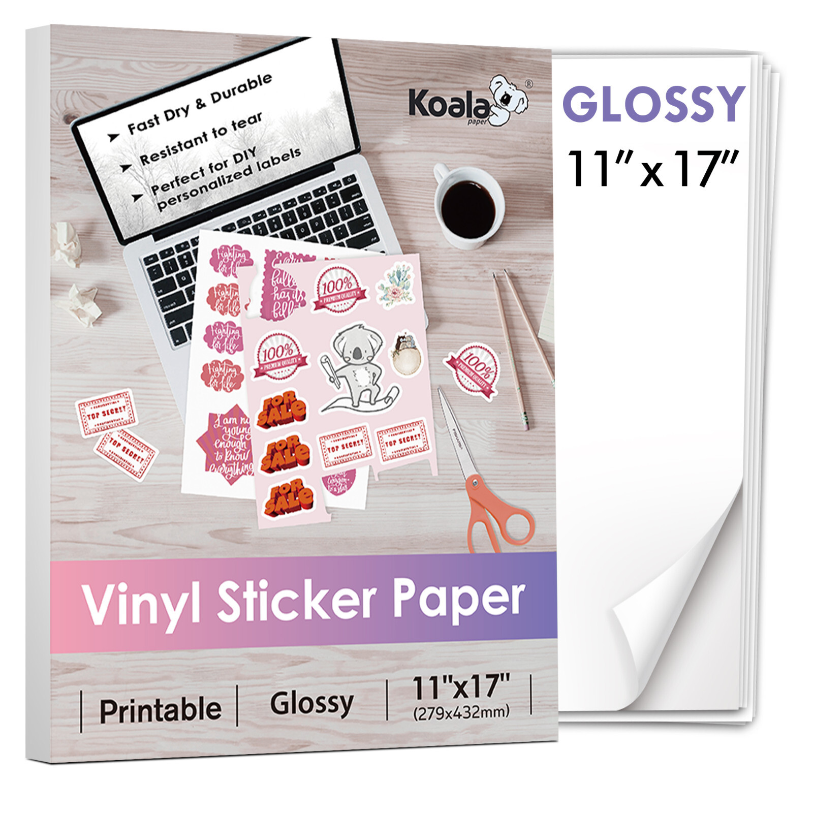 30PK Koala Vinyl Sticker Paper 11×17 Glossy for Inkjet Laser Printers Waterproof
