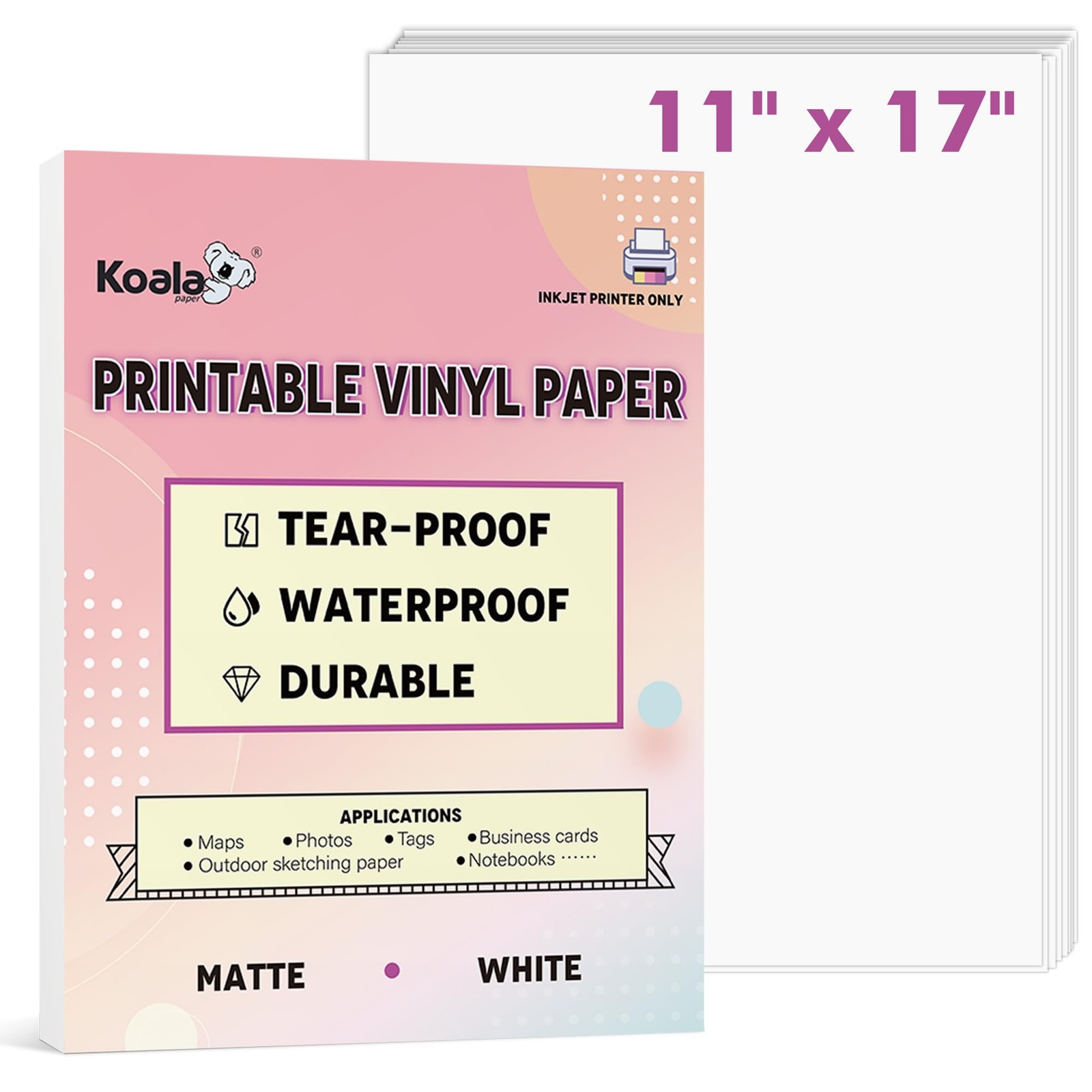 PAPER Printable Waterproof Paper for Inkjet Printer, 11×17 In 30 Sheets Matte…