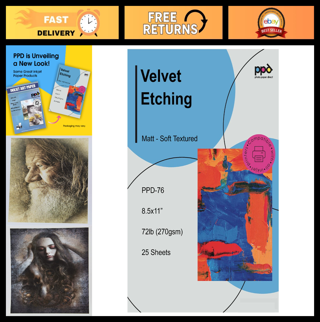 25 Sheets Inkjet Giclee Archival Velvet Etching Fine Art Paper 8.5×11 270gsm 72l