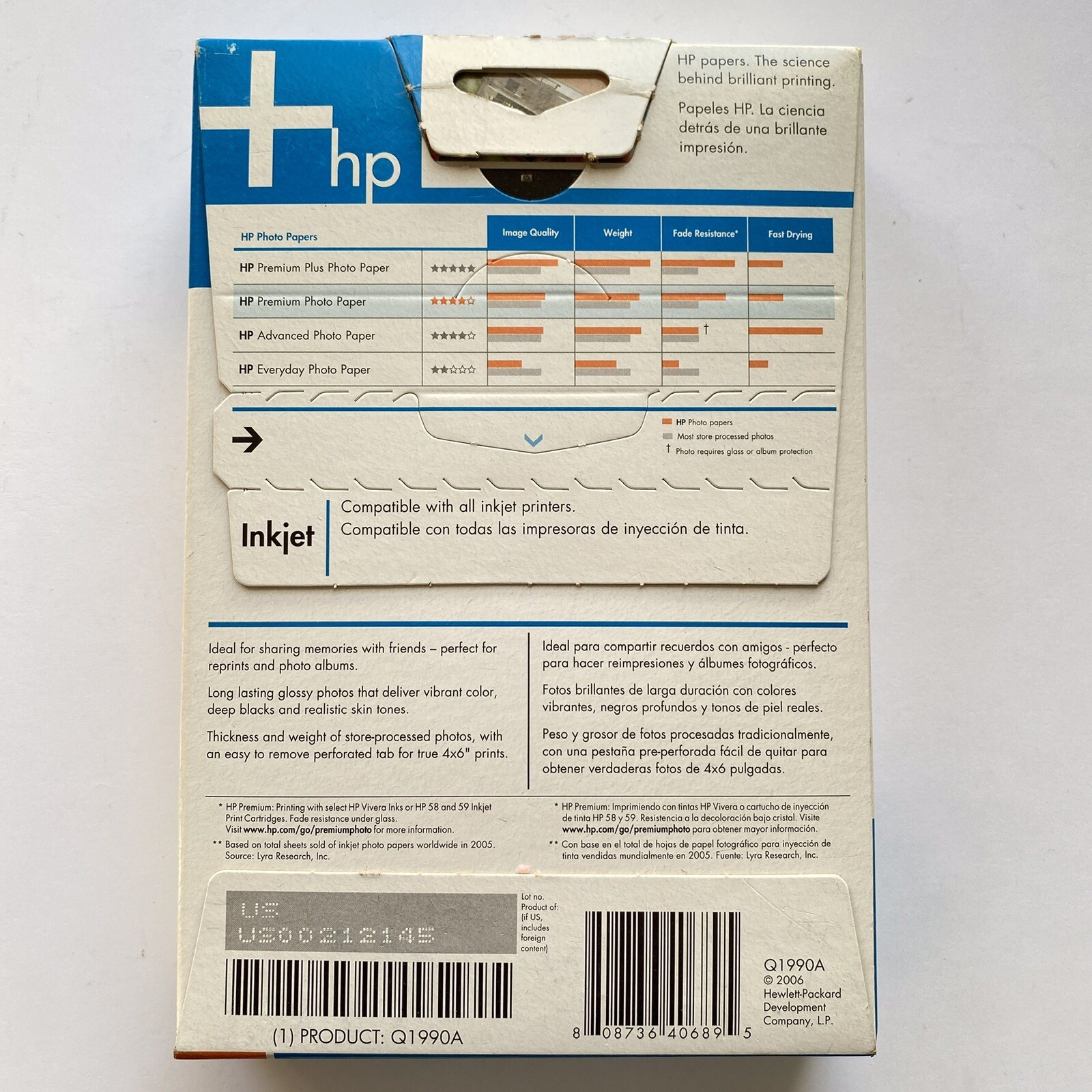 HP Premium Inkjet Glossy Photo Paper 100 Sheets 4X6 Q1990A Perf Tab 2006 NOS