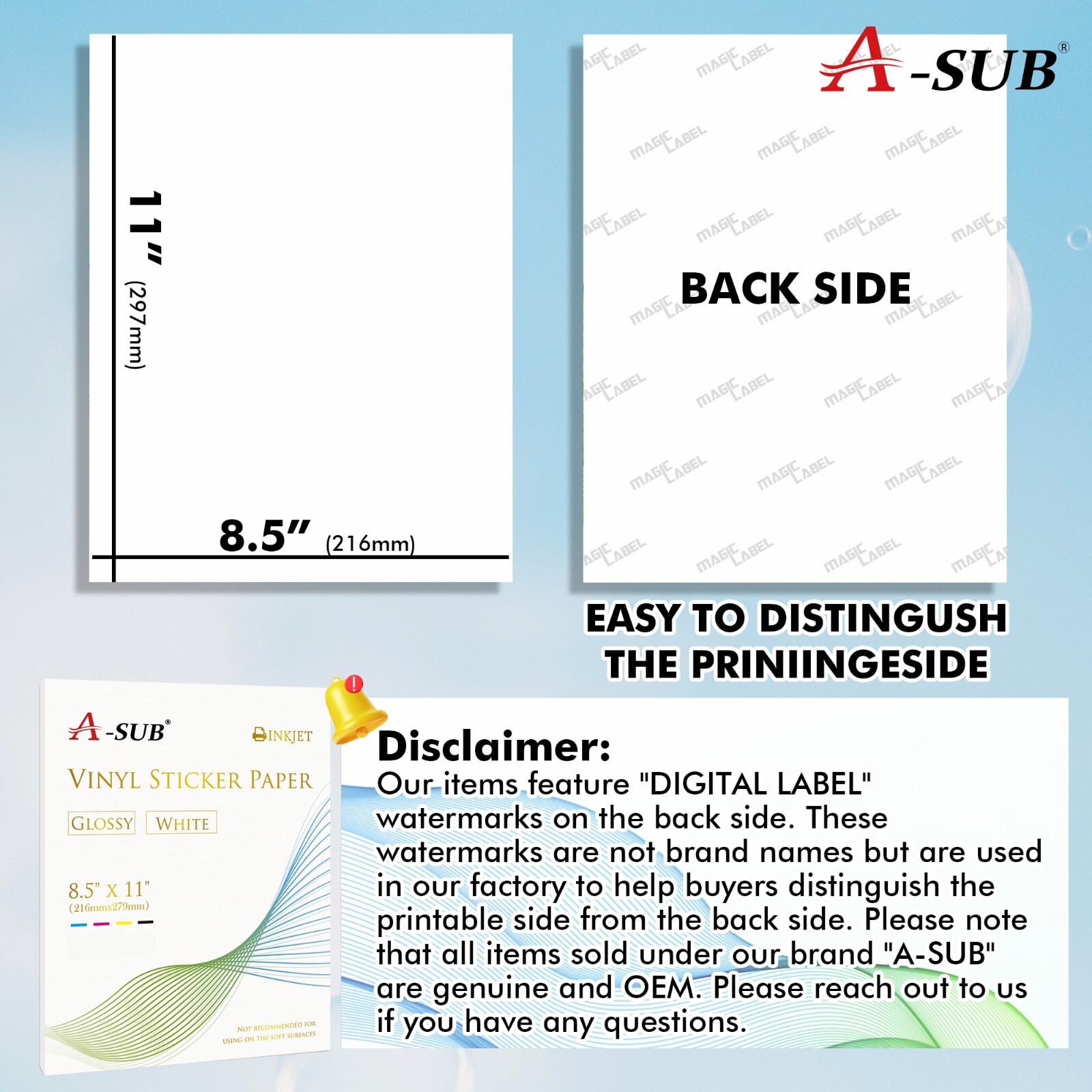1000PK Bulk A-SUB Printable Vinyl Sticker Paper GLOSSY White Inkjet Printers