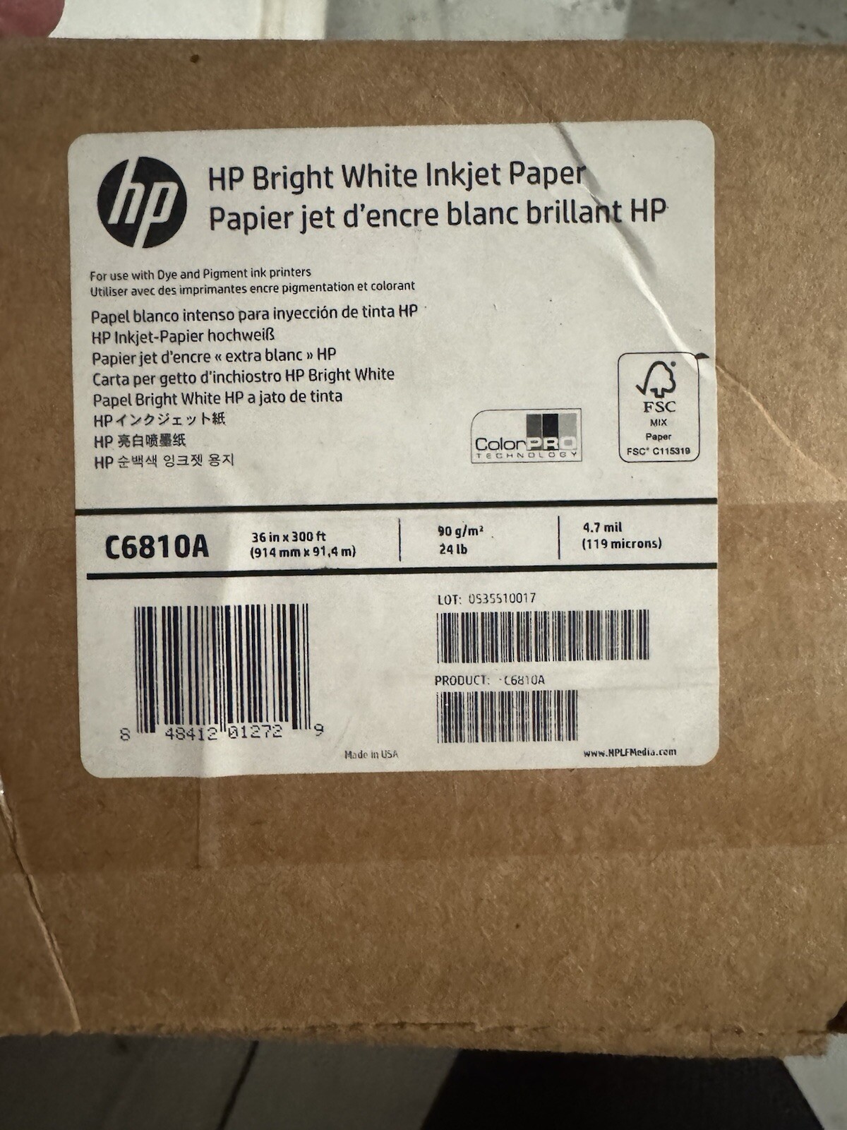 HP Inkjet Print Bond Paper 36″ x 300 ft Matte Bright White C6810A