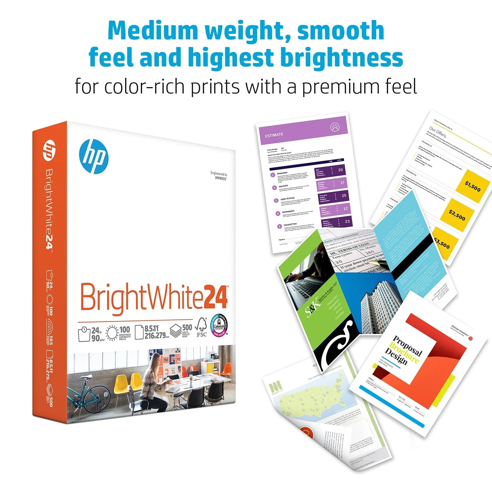 HP Paper Printer Paper 8.5×11 BrightWhite 24 lb 1 Ream 500 Sheets 100 Bright