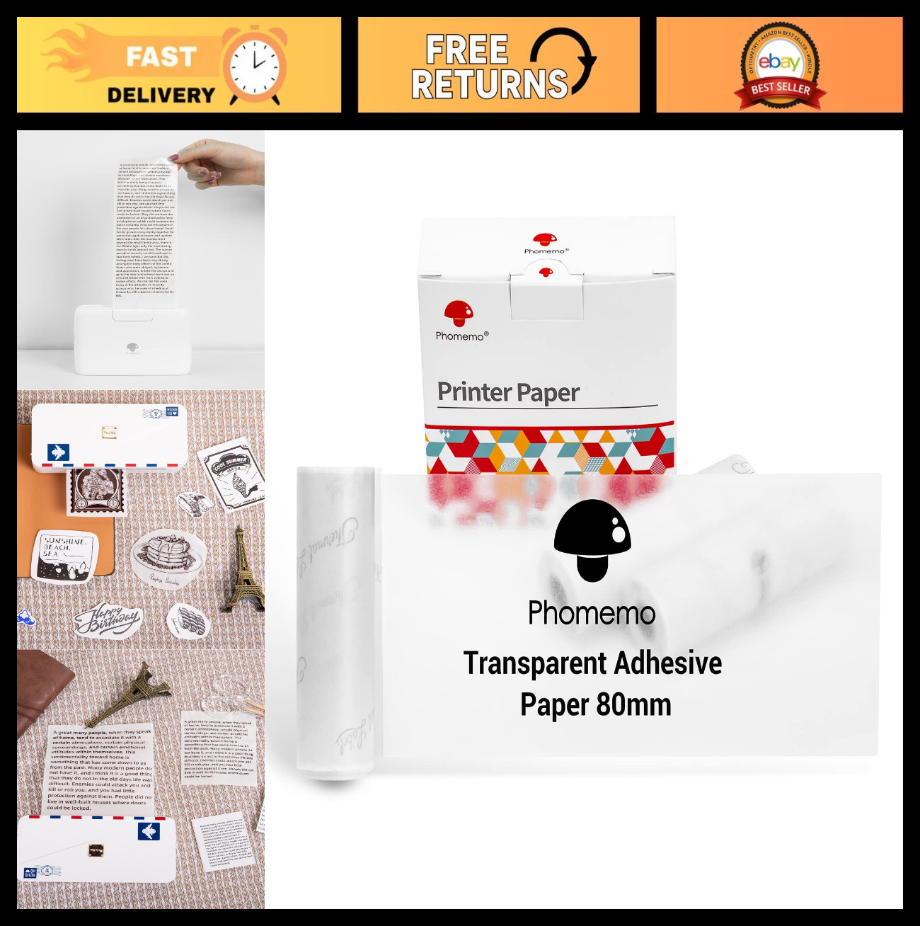 Transparent Adhesive Thermal Sticker Paper – 77mm, 3 Rolls for Sticky Note Print