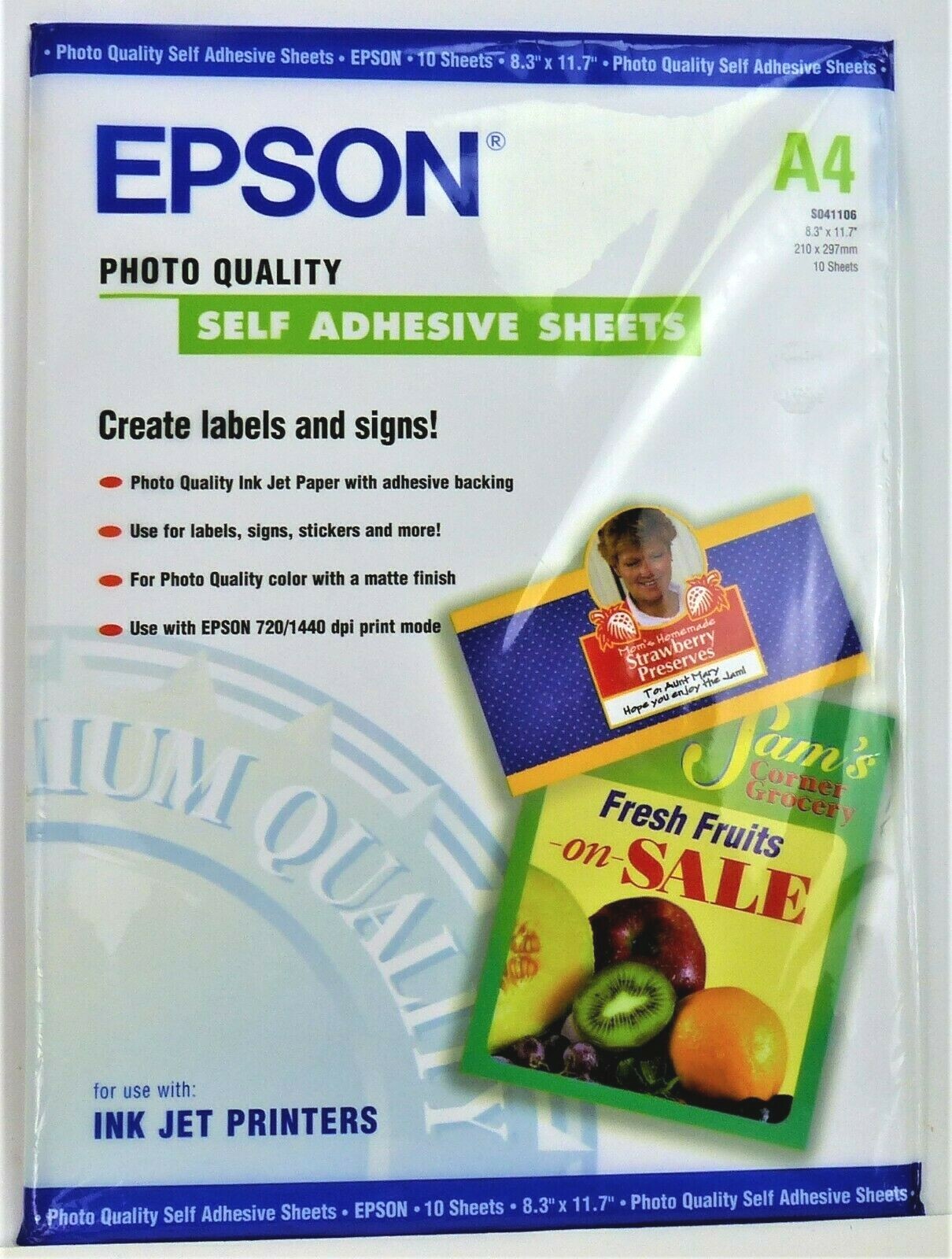 Epson Photo Quality Self Adhesive Sheets 8.3″ x 11.7″ 10 Sheets S041106 – NEW