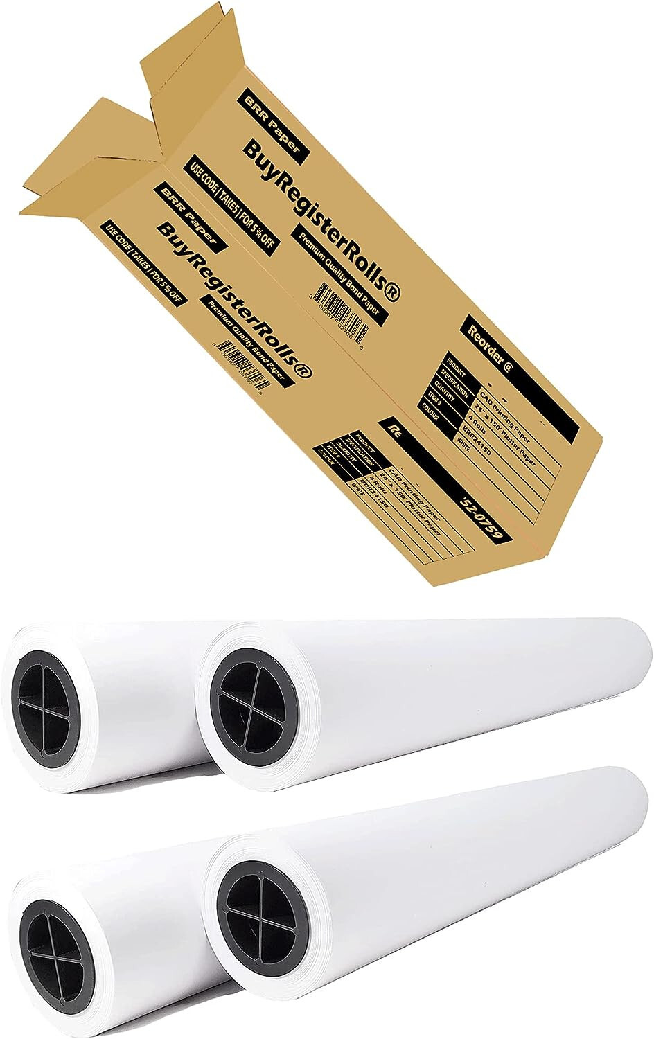 24″ x 150′ CAD 20 lbs Bond Inkjet Wide-Format Plotter Paper – 2.0″ Core 4 Rolls