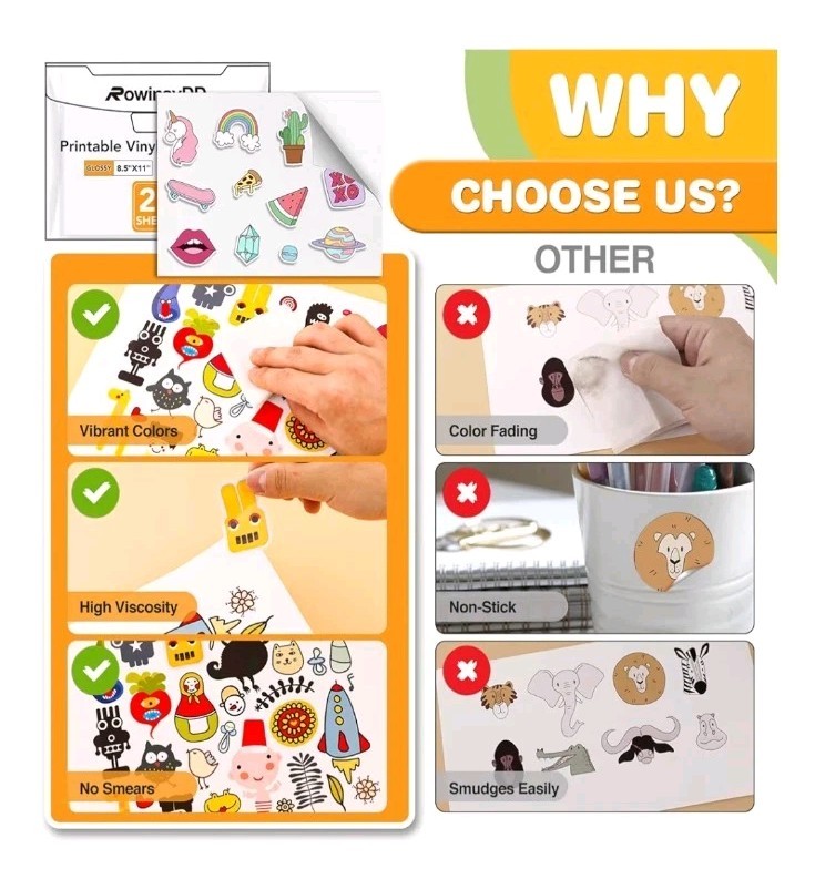 Glossy Vinyl Sticker Paper 20pc 8.5 x 11 for Inkjet & Laser, Compatible W Cricut