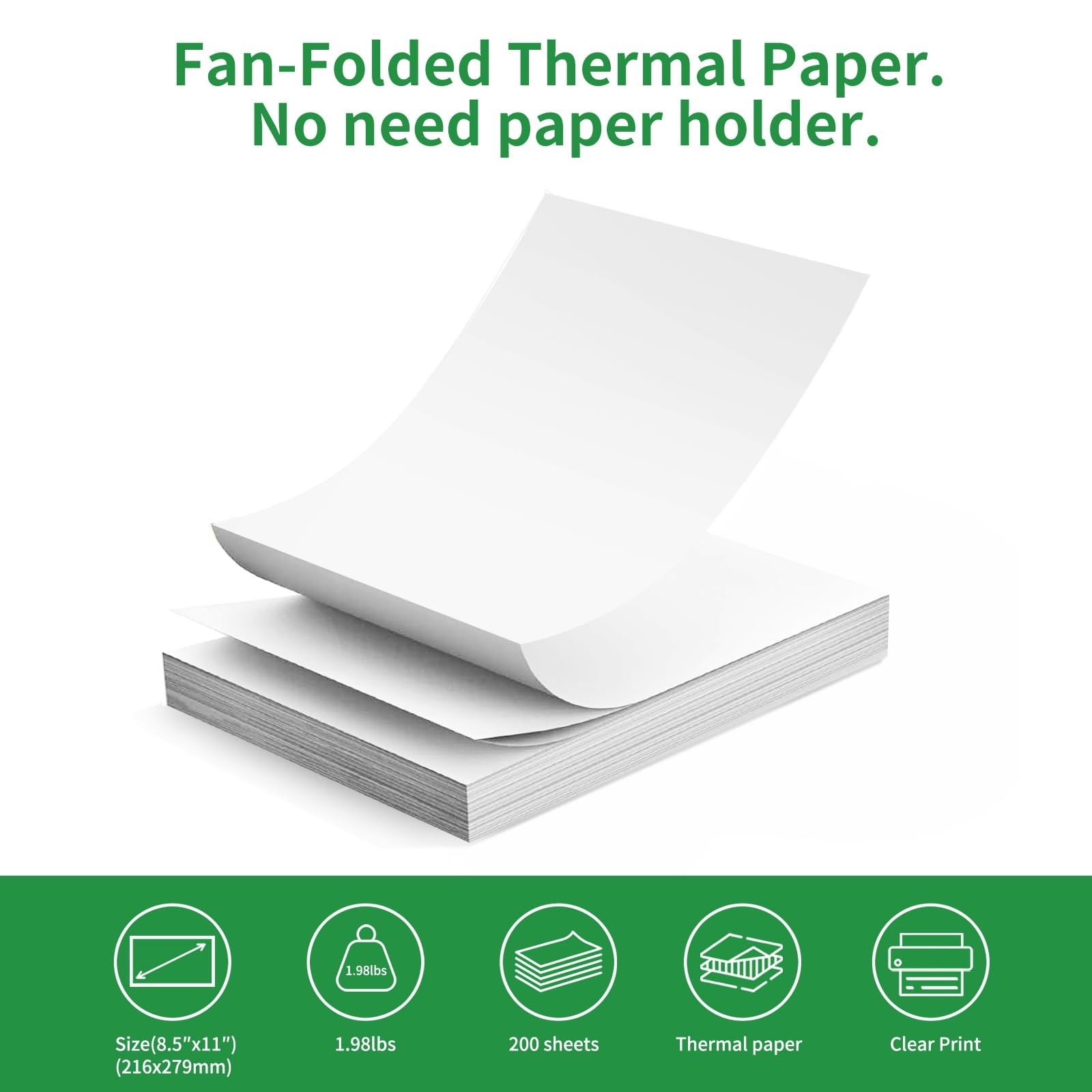 Thermal Printer Paper 8.5×11″ US Letter, Quick-Dry Fan-Folded, 200 Sheets