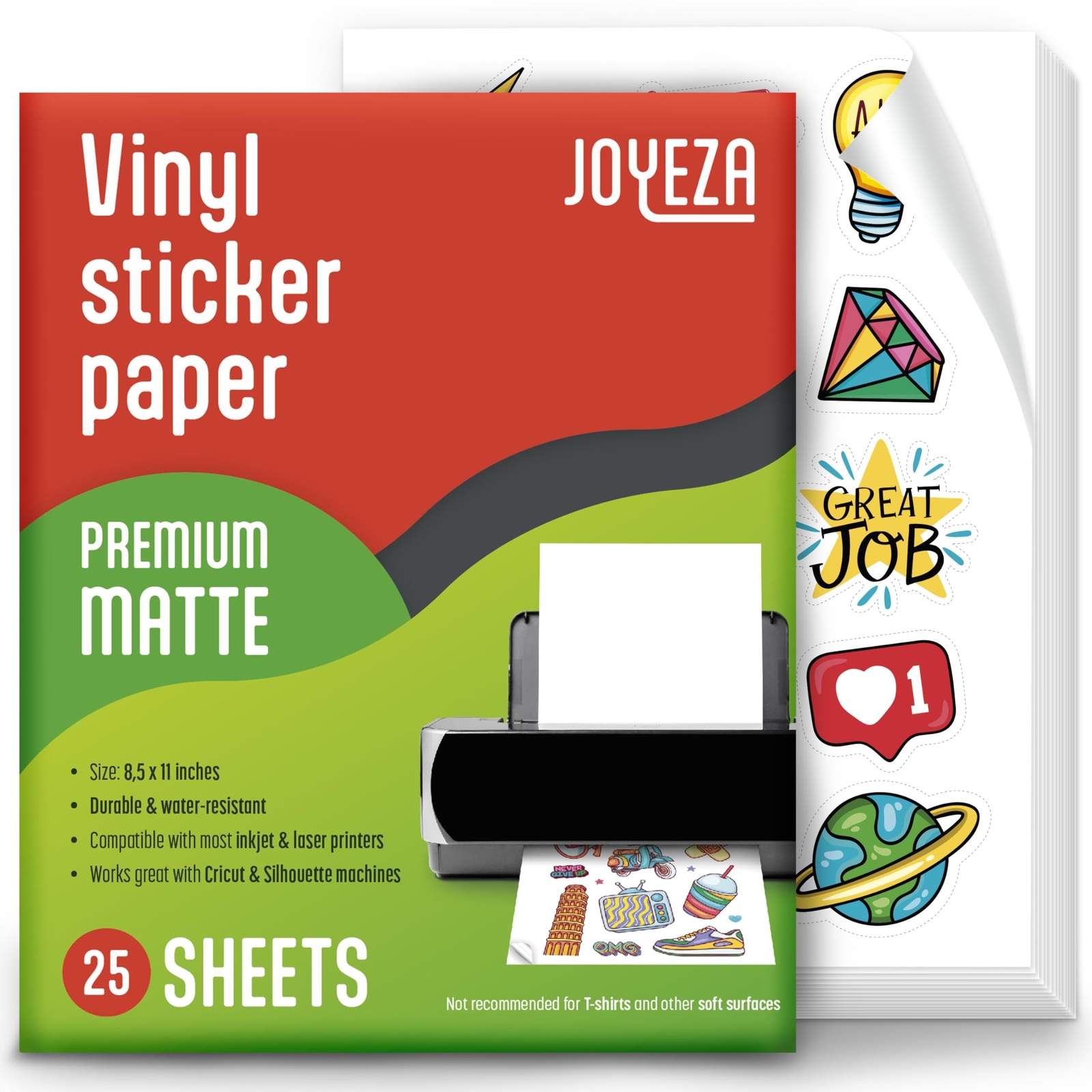 JOYEZA Premium Printable Vinyl Sticker Paper for Inkjet Printer – 25 Sheets M…